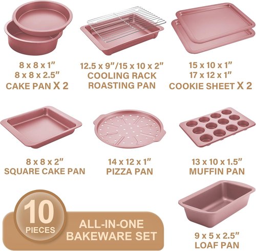 HONGBAKE Nonstick Bakeware Set - 10-Piece Kitchen Baking Pans with Wider Grips | Pink