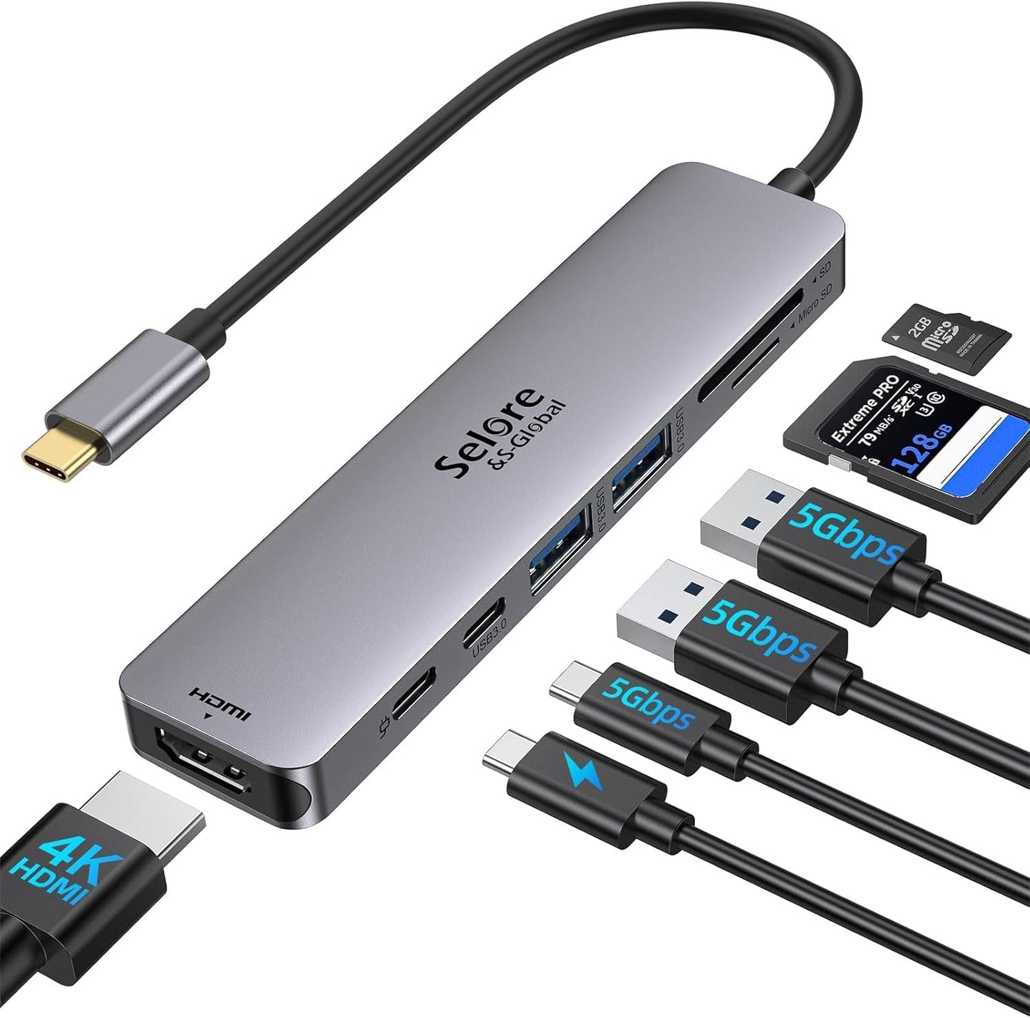 Selore&S-Global 7 1 Port,100W 2 3.0 USB C Hub HDMI Adapter for MacBook Pro/Air, in USBC Dongle with HDMI, microSD/SD