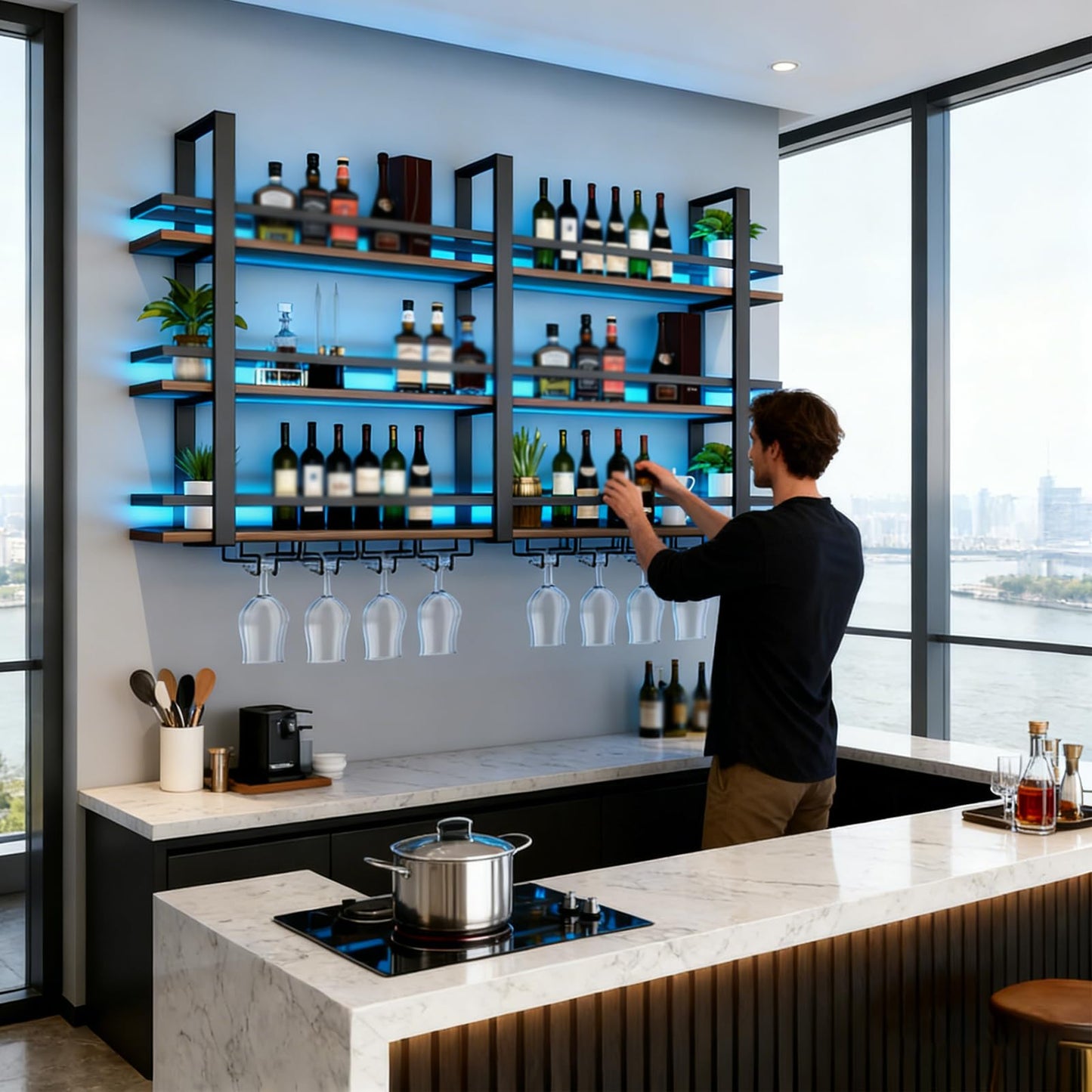 amhricho Wine Rack Wall Mounted with LED Lights, 3 Tier Metal Liquor Floating Display Shelves, with Wine Glass Rack, Iron & Wood Industrial Wall Wine Rack, for Bar, Kitchen, Cafe (Black, 39.4in)