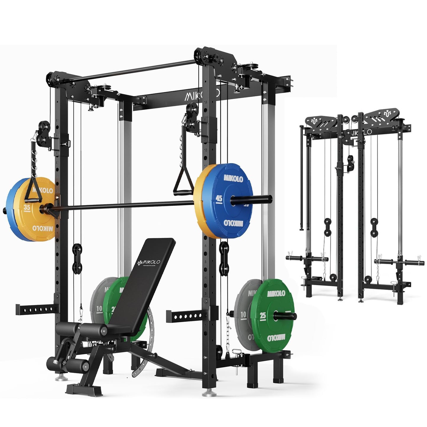 Mikolo Folding Squat Rack, Wall Mounted Power Rack with Cable Crossover Machine & LAT Pull Down, Functional Trainer with 5 Adjustable Function Modes, Upgraded Home Gym Package(Black)