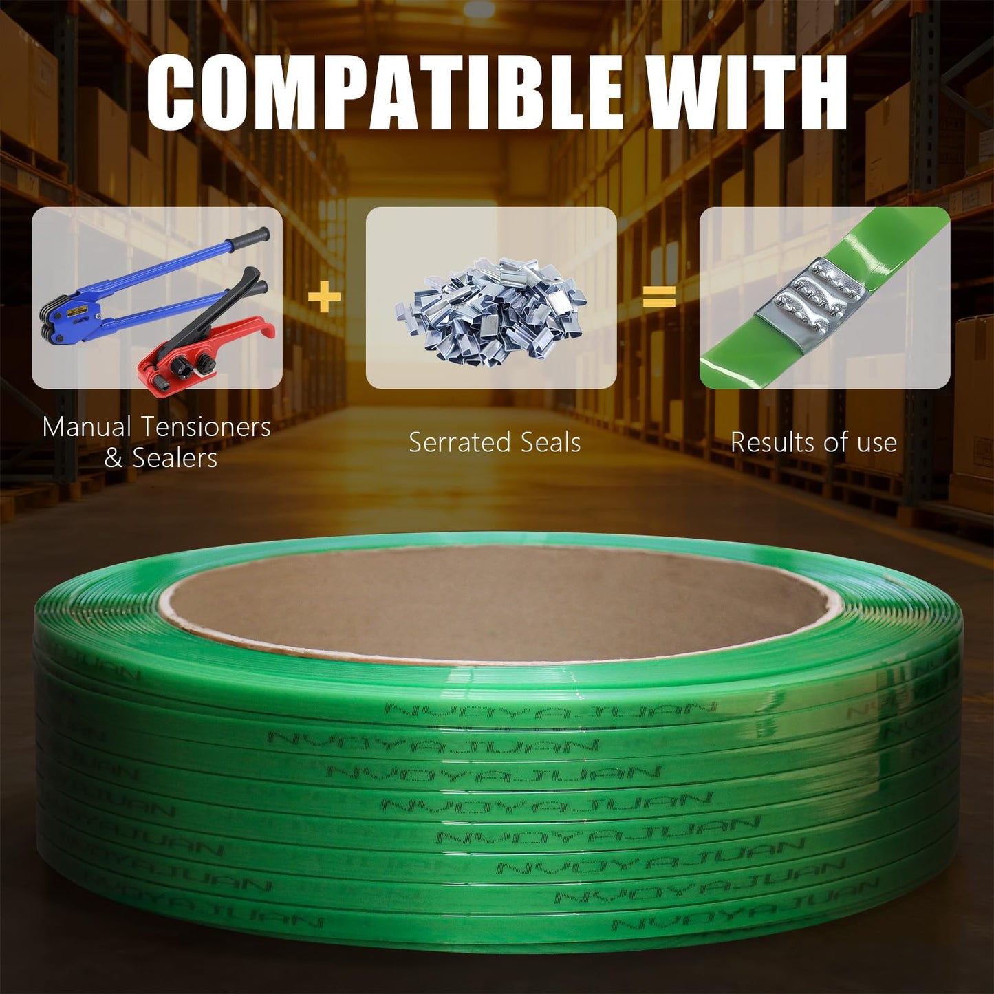 NVOYAJUAN 5/8" x.034 x3800ft Polyester (PET) Strapping Roll of 16"x6" Core Size 1450lbs Break Strength Green