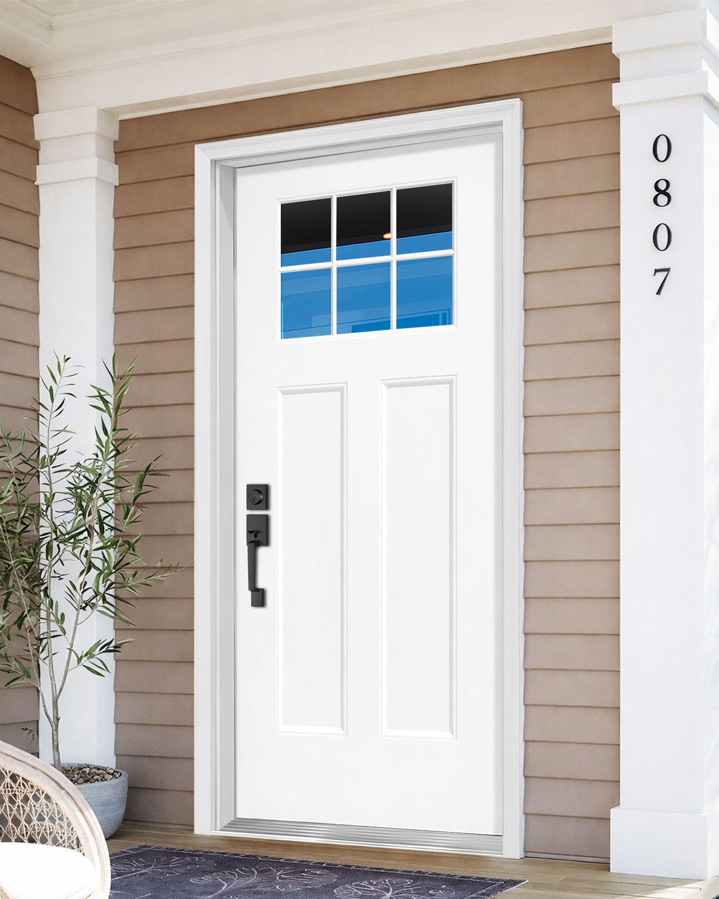KHSHOW Fiberglass Entry Door, 36'' x 80" with Brickmould,Vinyl Frame,White Primed, Right Hand Inswing, Front Entry Knock-Down Door, 2-Panel Craftsman, 6-Lite Low-E Glass