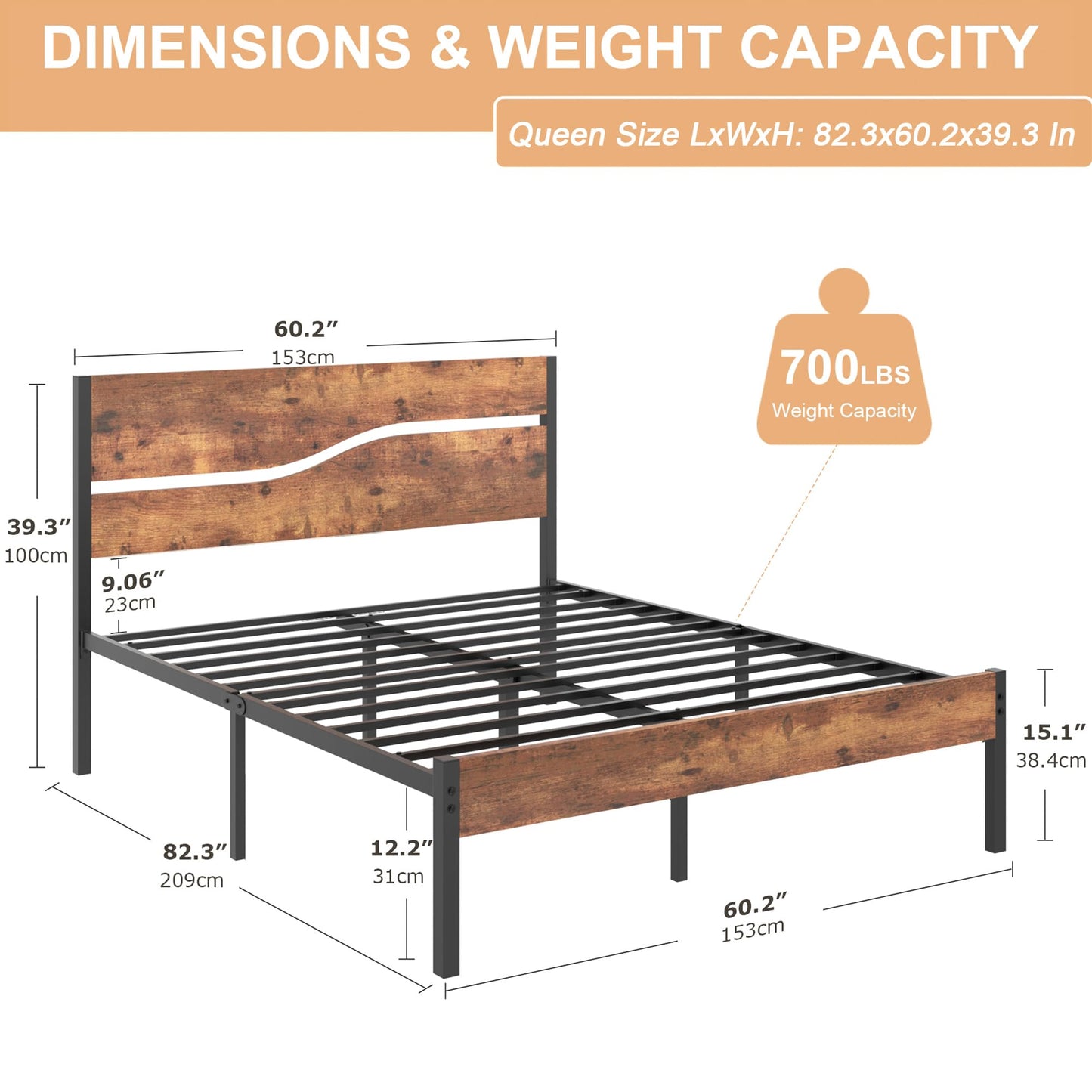 VECELO Queen Size Bed Frame with Wood Headboard, Heavy-Duty Metal Slats Support, Easy Assembly, No Box Spring Needed, Brown