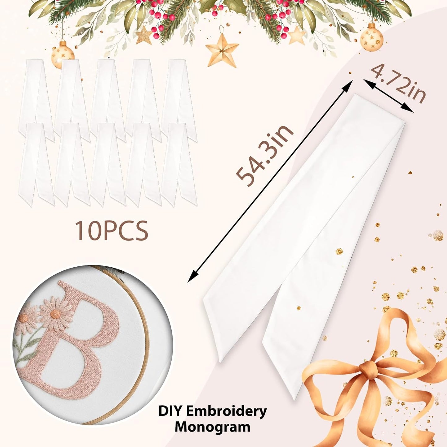 Regine Switzerland Christmas Wreath Sash - 10-Piece Winter White Cotton Ribbon Bow for Door Decor