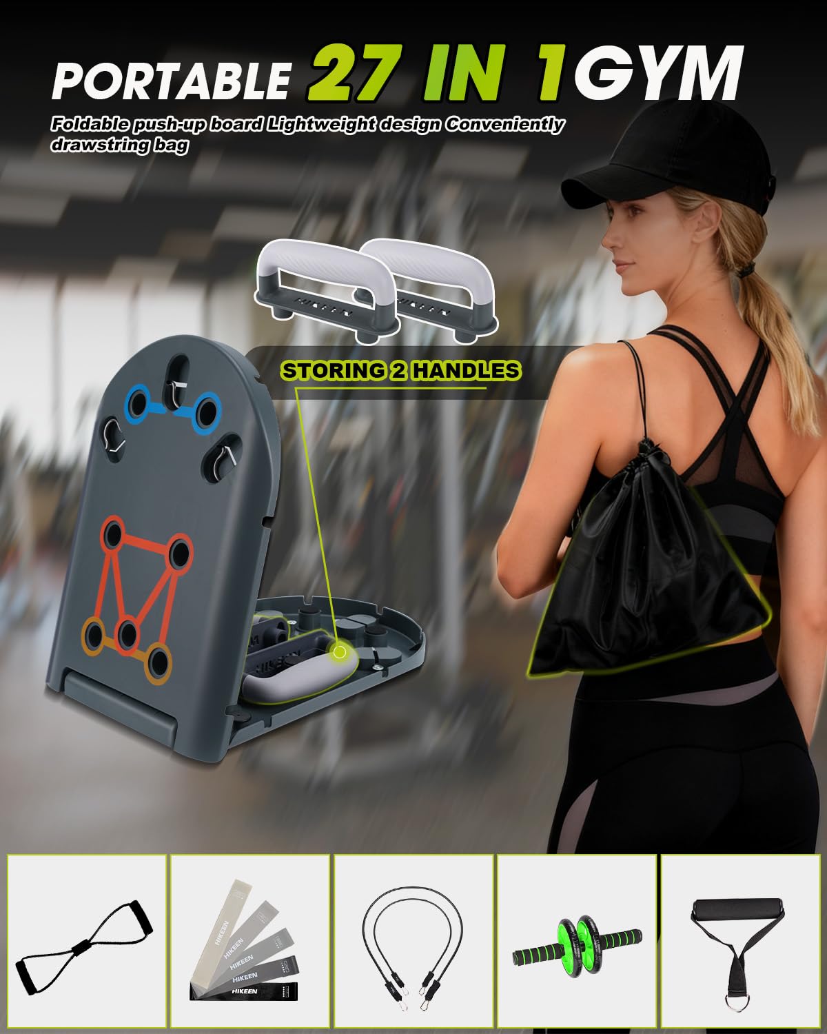 Hikeen Home Workout Equipment to Help Achieve Fitness Goals, 27-in-1 Portable Gym Exercise Equipment with Compact Push-Up Board, Resistance Bands, Ab Roller Wheel, and Pilates Bar, Master Your Workout
