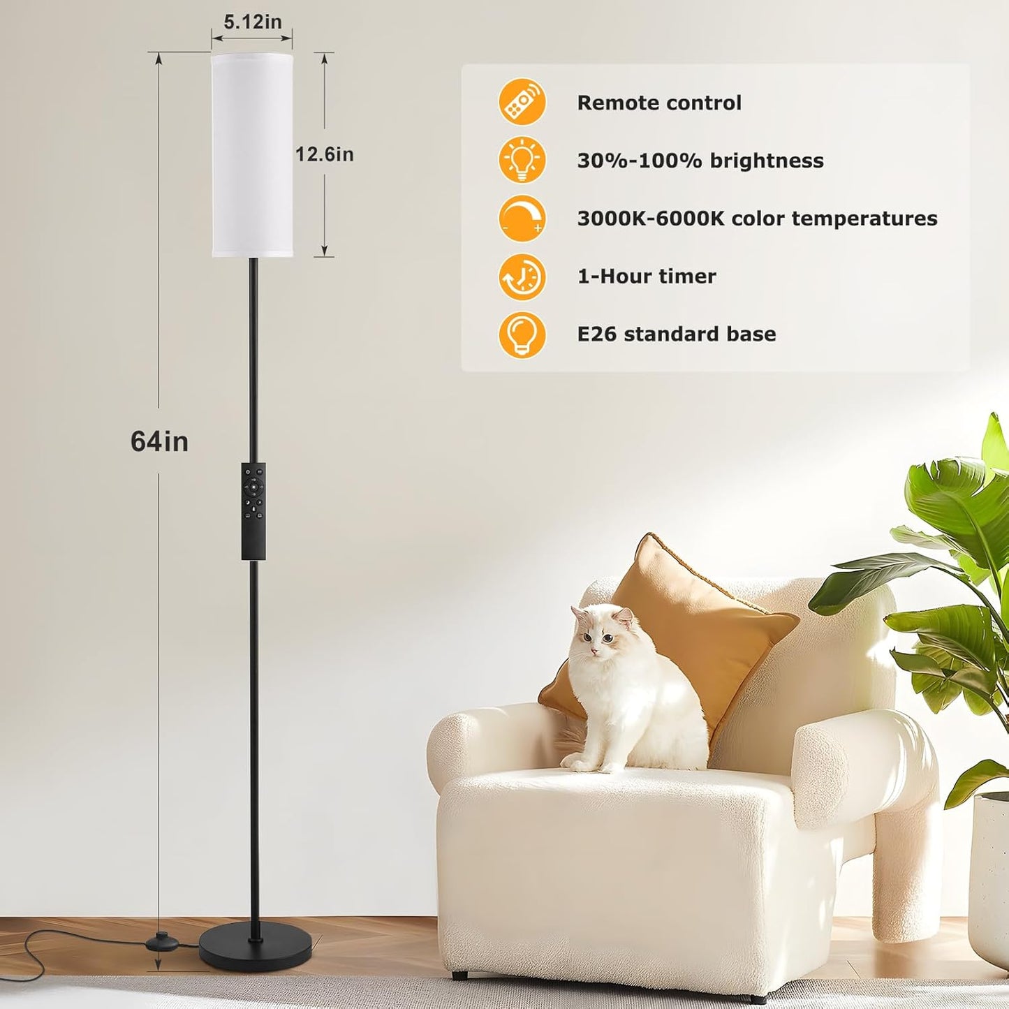 Ambimall Modern Floor Lamp - 64" Adjustable Brightness & Color Temperature with Remote Control | Ideal for Living Room, Bedroom, Office