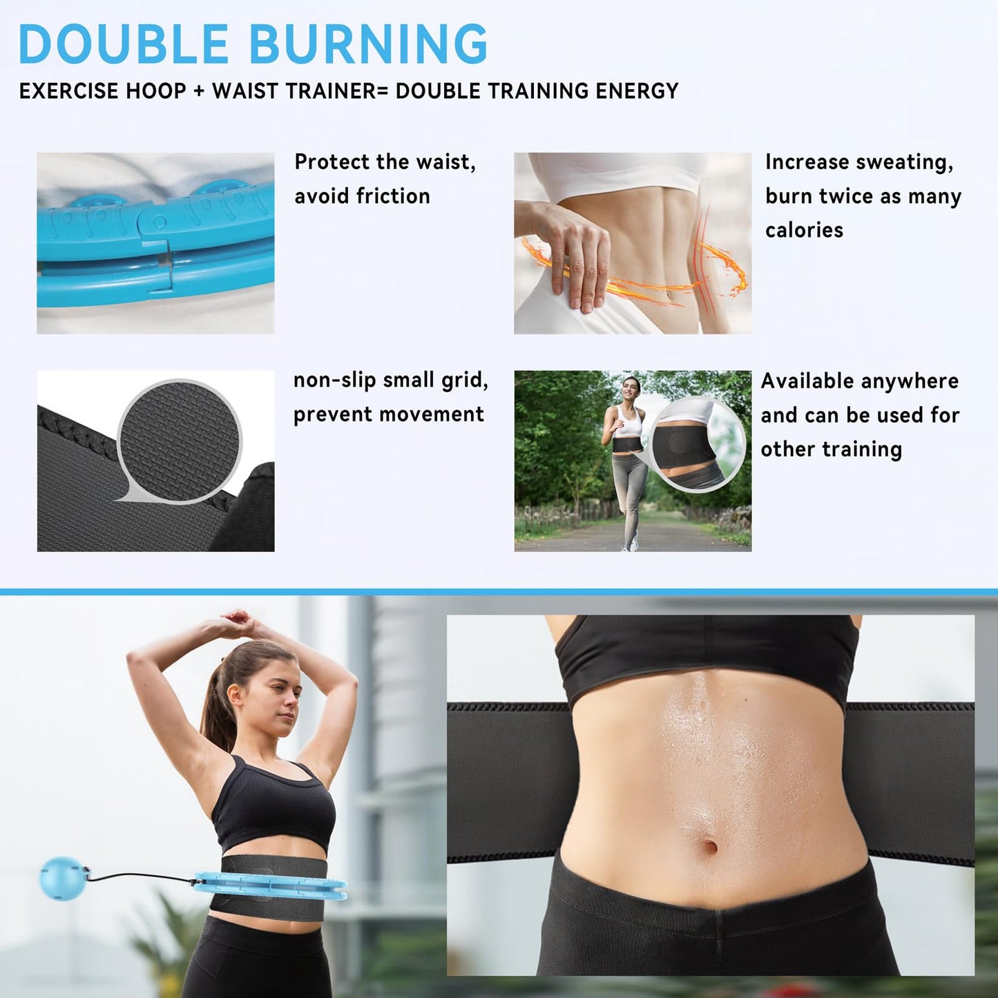 Infinity Weighted Hoop with Sweat Belt,Weighted Hoop for Adults Weight Loss,Smart Waist Exercise Ring Infinity Fitness Hoop Plus Size,Waist Trimmer Workout Equipment for Women (Steady Blue)