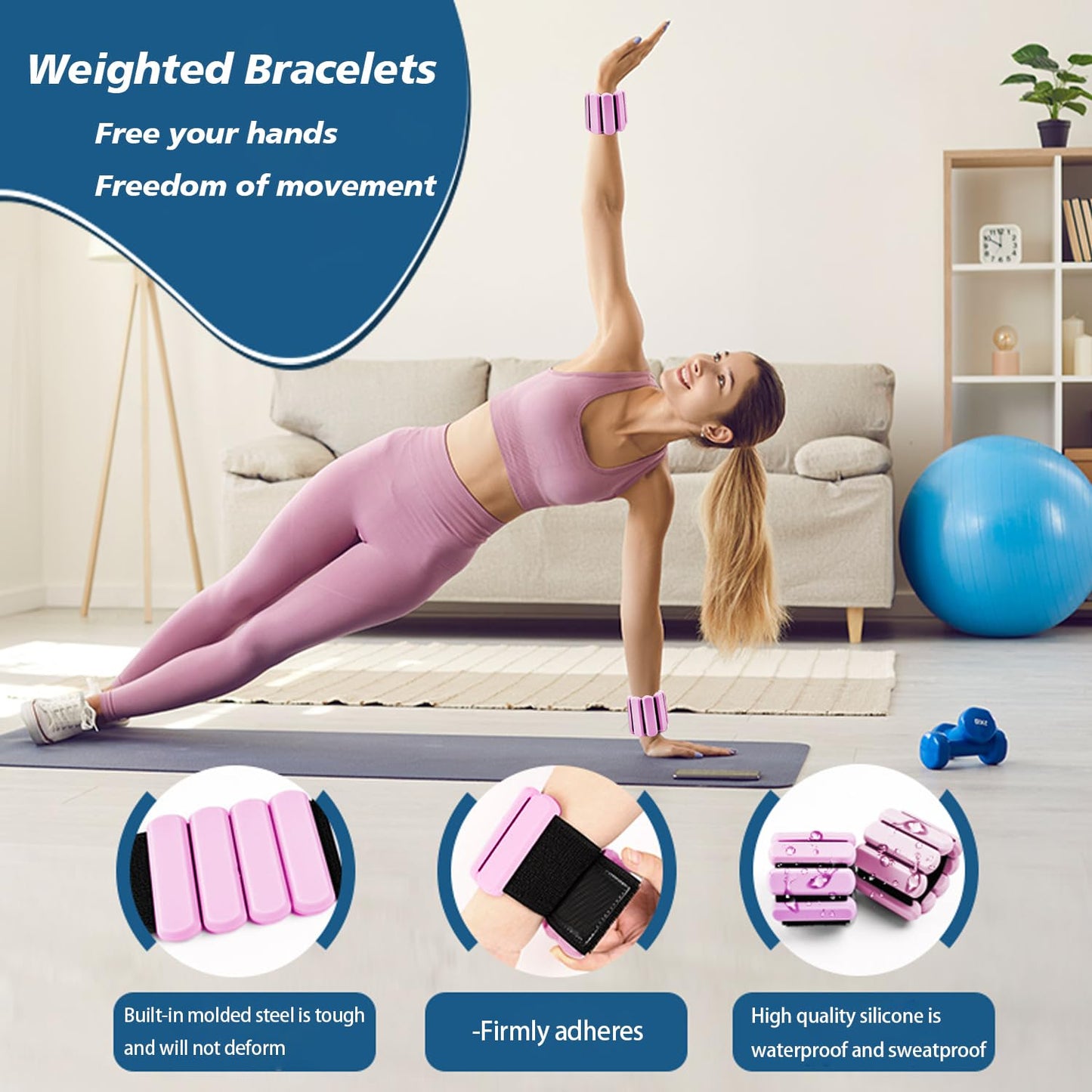 Wrist and Ankle Weights for Women & Men 2 Pack (1lb Each), Adjustable Silicone Wearable Arm & Leg Weights for Pilates, Gym, Yoga, Cardio, Strength Training (Pink)