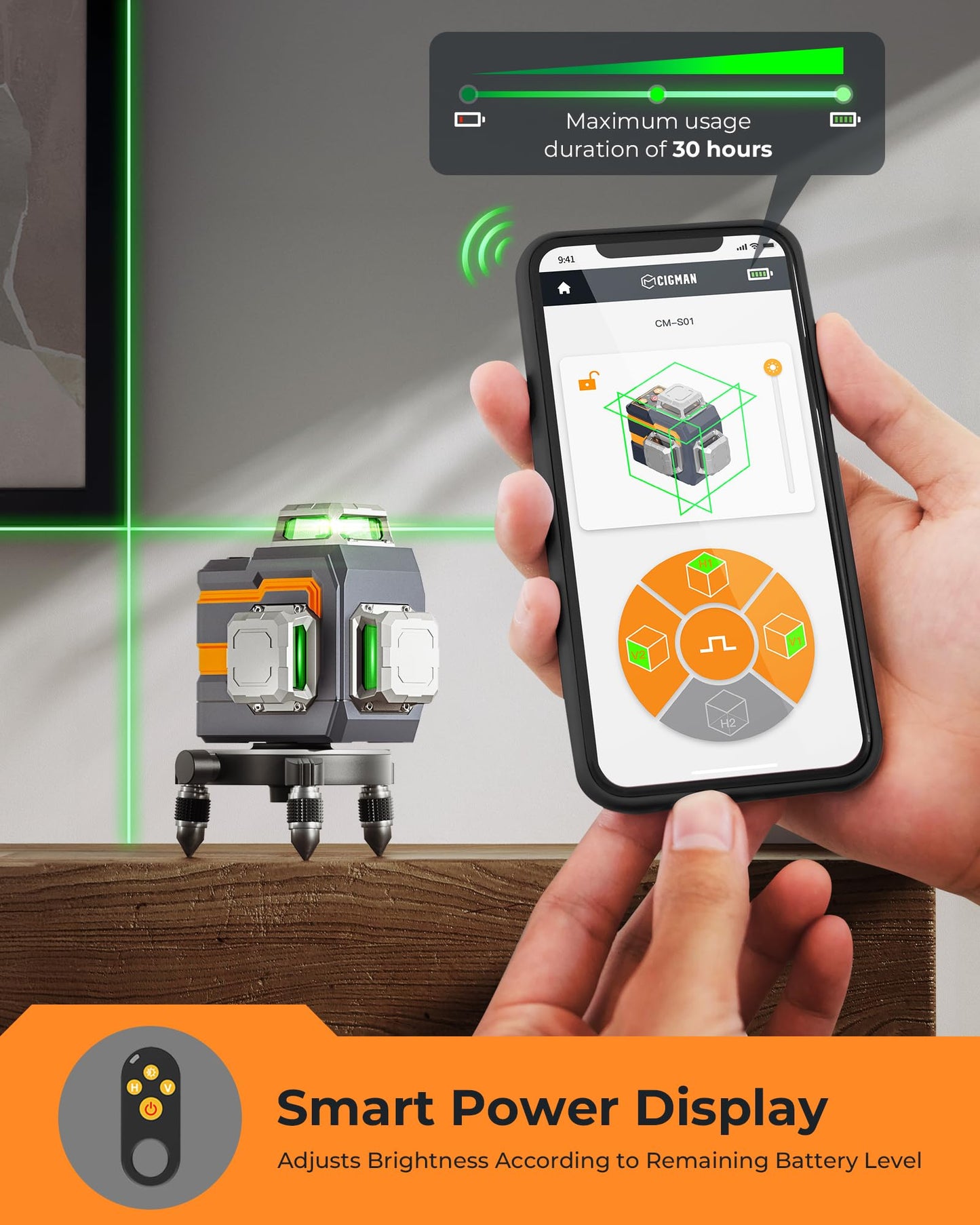 CIGMAN 3x360° Laser Level with Remote&APP Control, Green Self Leveling Cross Line Laser for Construction and Picture Hanging, 3D Vertical/Horizontal Line, Magnetic Rotating Stand Included