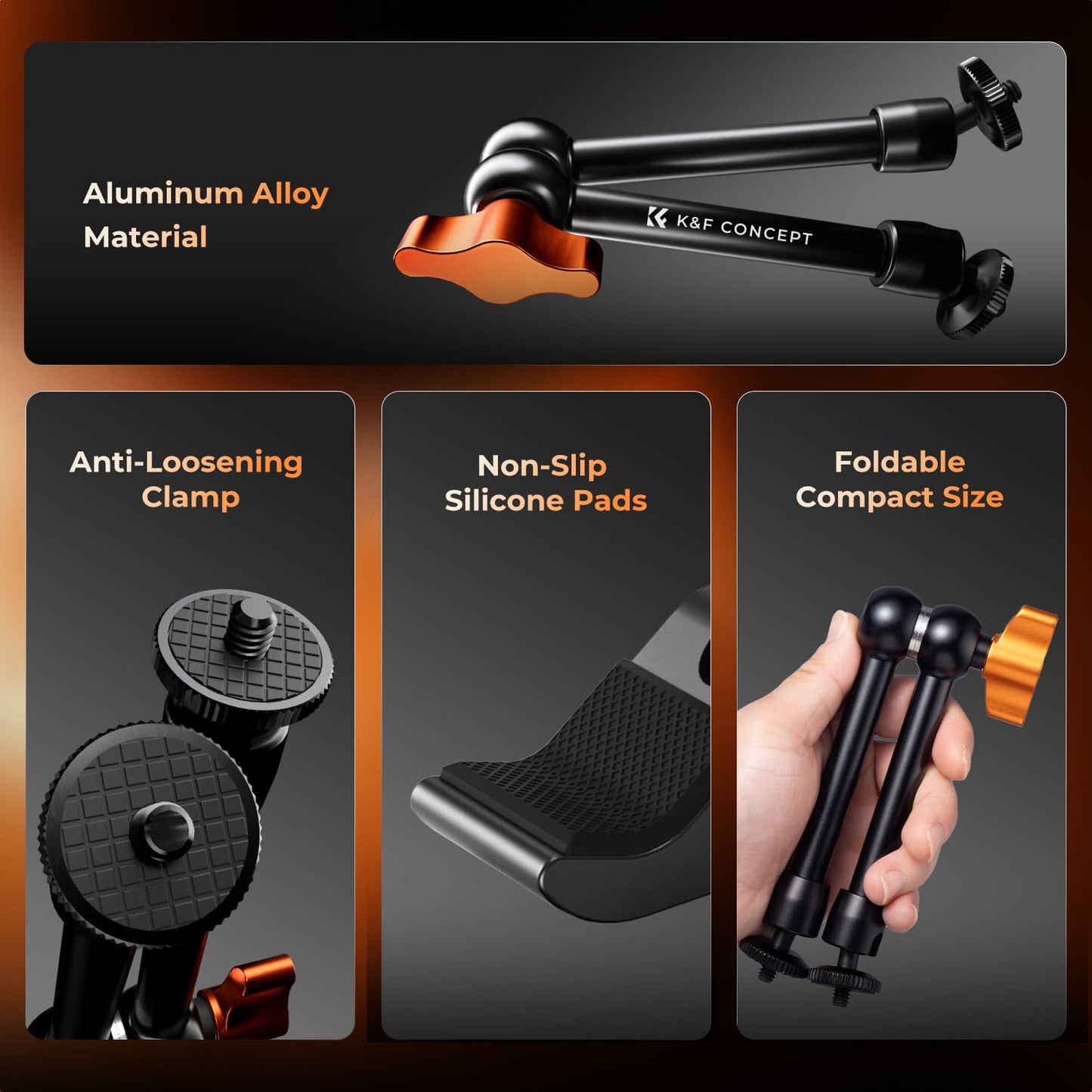 K&F CONCEPT 9.8" Magic Arm Clamp Kit with 1/4" & 3/8" Thread Screw 360° Ball Heads Articulating Magic Arm Camera Mount for Monitor, Flash, LED Light, Microphone, Camera Cage, Action Camera