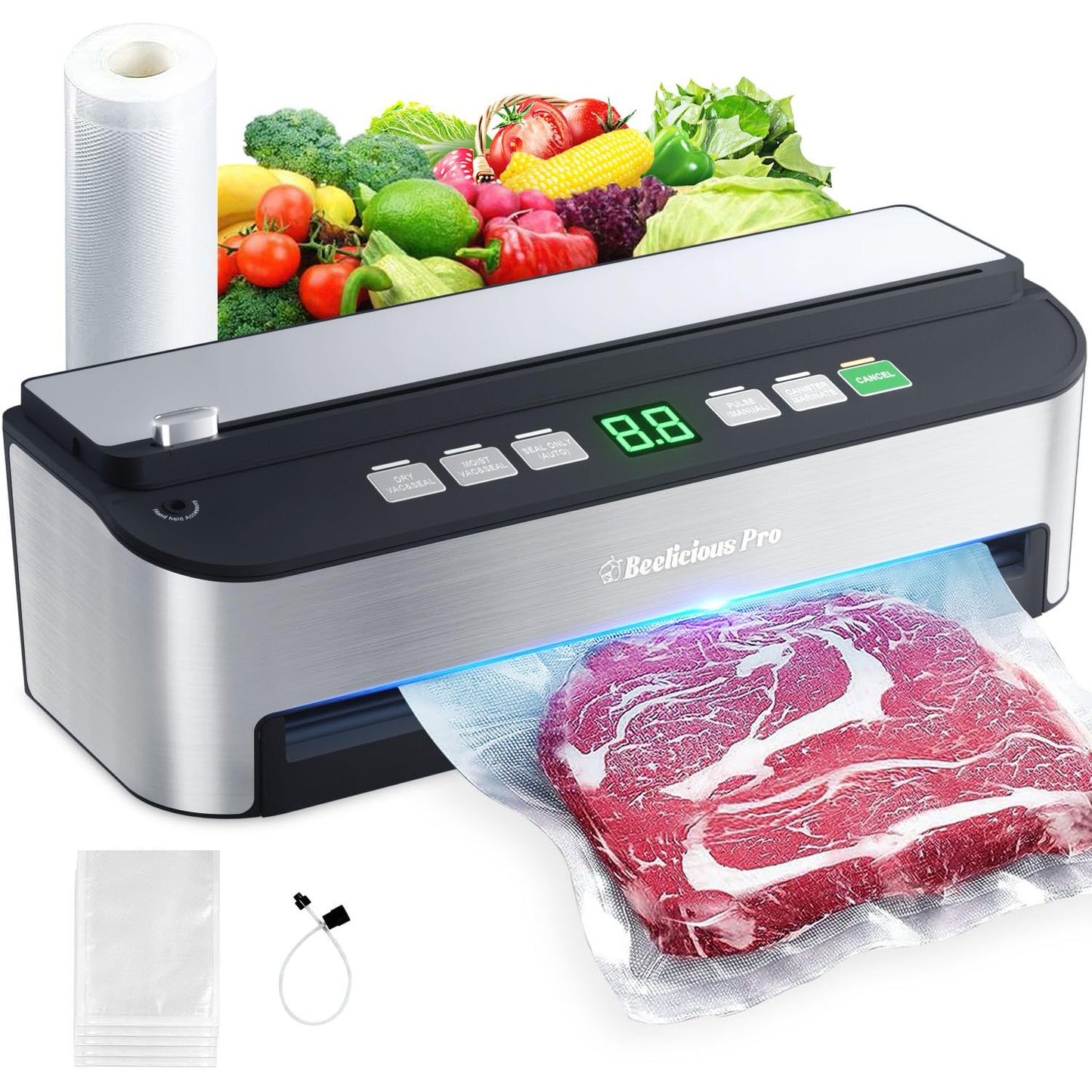 PressFree TRUE-Auto Vacuum Sealer Machine, Beelicious 85KPA Fully Automatic 8-IN-1 Food Sealer with Bags Storage, Build-in Cutter, Moist Mode and Air Suction Hose |Sous Vide | Digital Countdown