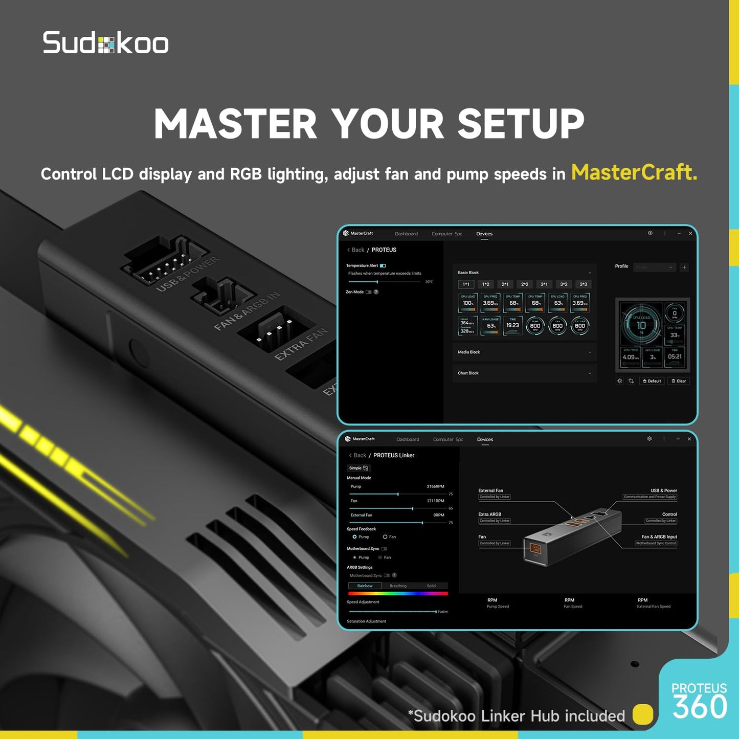 Sudokoo Proteus 360 Liquid CPU Cooler: 360mm AIO LCD CPU Cooler with Customizable 3.4" Digital Display - Water Cooling with 30mm Thick Fans for Intel LGA 1851/1700/1200/115X AMD AM5/AM4