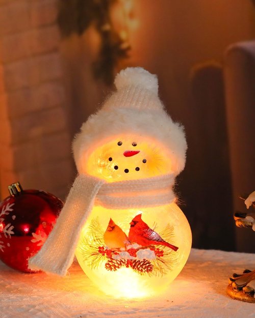 Bdor 8-Inch Snowman Christmas Decoration - Glass Figurine with Cardinal Couple & Warm Glow for Holiday Décor
