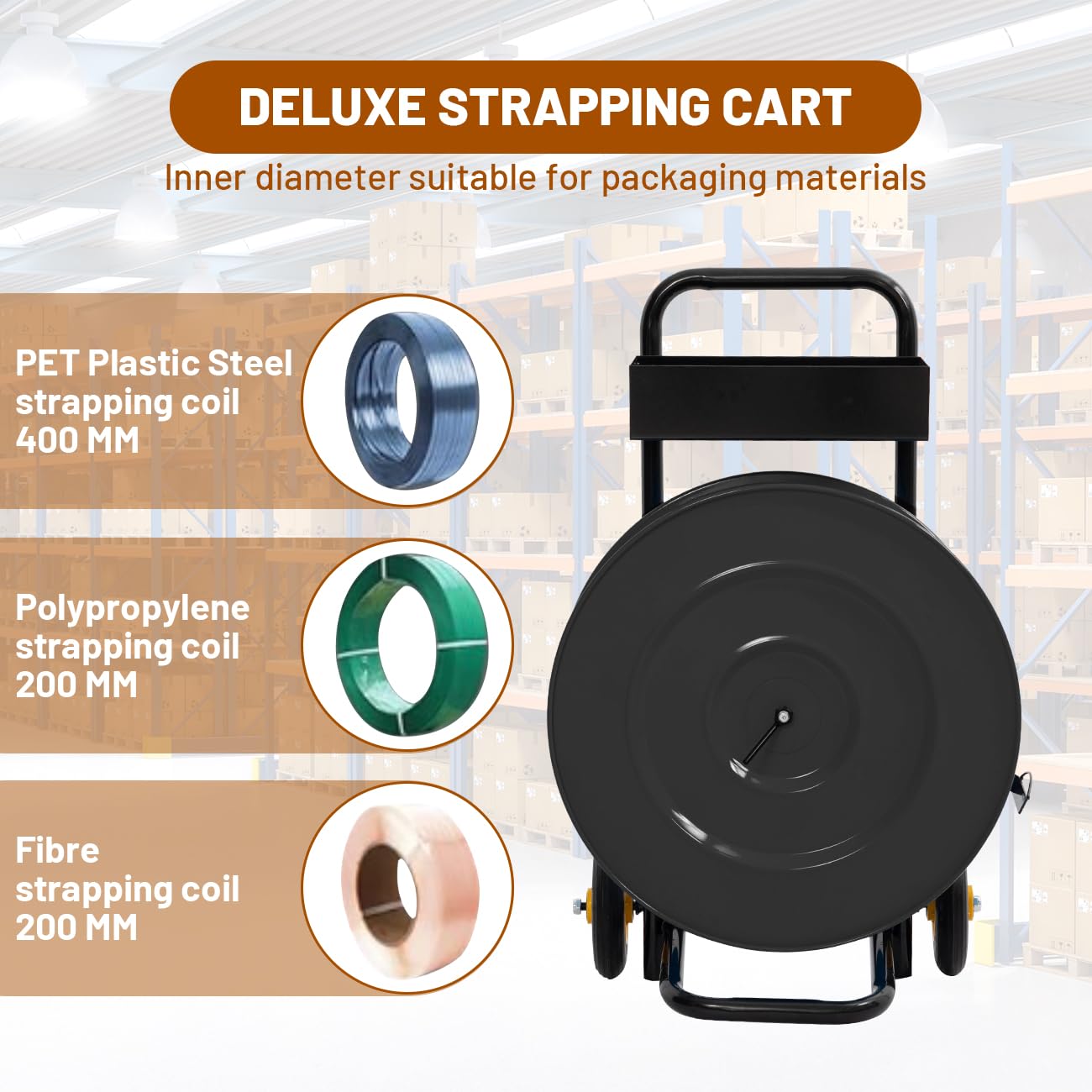 biosp Heavy Duty Strapping Cart Dispenser with Wheels, Portable Strapping Dispenser Banding Cart with Built-in Tray, Strapping Trolley for Packaging Poly/Plastic Steel/Fibre 16'' Core Size, Black