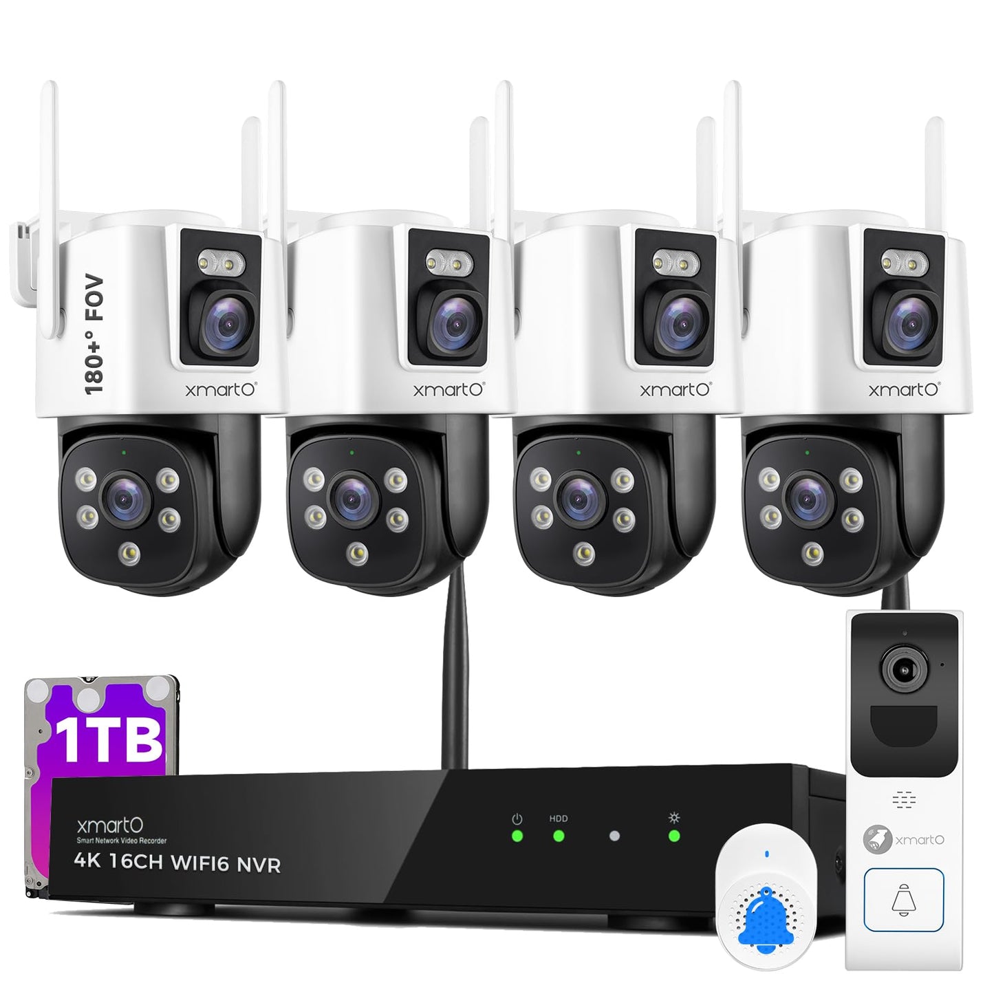 xmartO [Doorbell + 4-CAM] Dual-Lens Wireless Camera & Smart Video Doorbell Security Bundle, 16CH 4K WiFi6 Mesh NVR with 1TB HDD, 4MP 180° FOV/360° PTZ AI Tracking, 2-Way Audio, No Monthly Fee