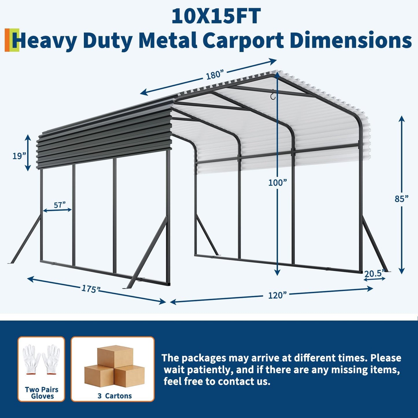 Outdoor Metal Carport, 10x15FT Heavy Duty Carport Canopy with Electro-Galvanized Steel Top & Triple-Braced Foundation, Garage Shelter Shade for Trucks, Boats, Cars