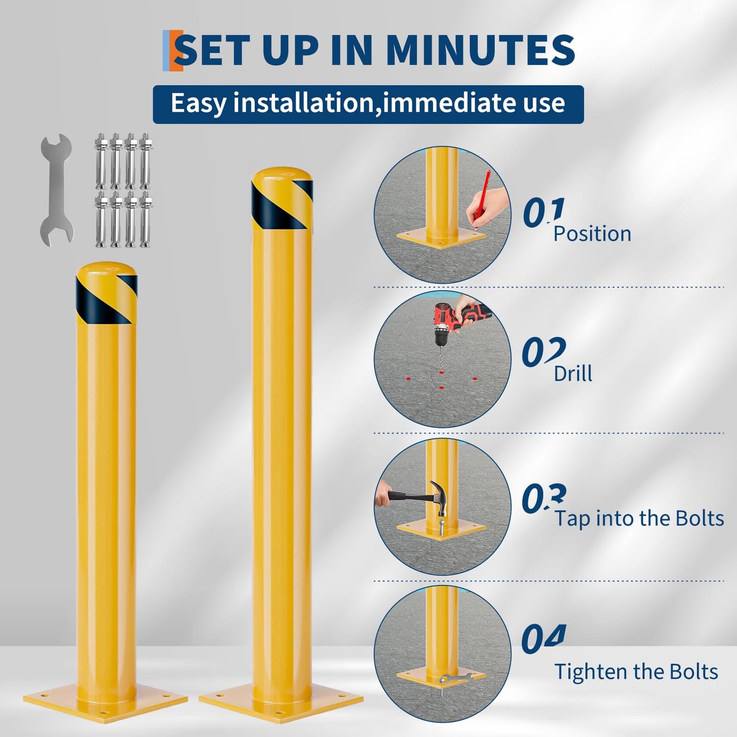 Heavy Duty Steel Safety Bollards 4 Pack, 42 Inch Bollard Posts with Reflective Tape & Anchor Bolts, Removable Parking Bollards for Warehouse, Garage, Parking Lot, Driveway, 4.5 Inch Diameter