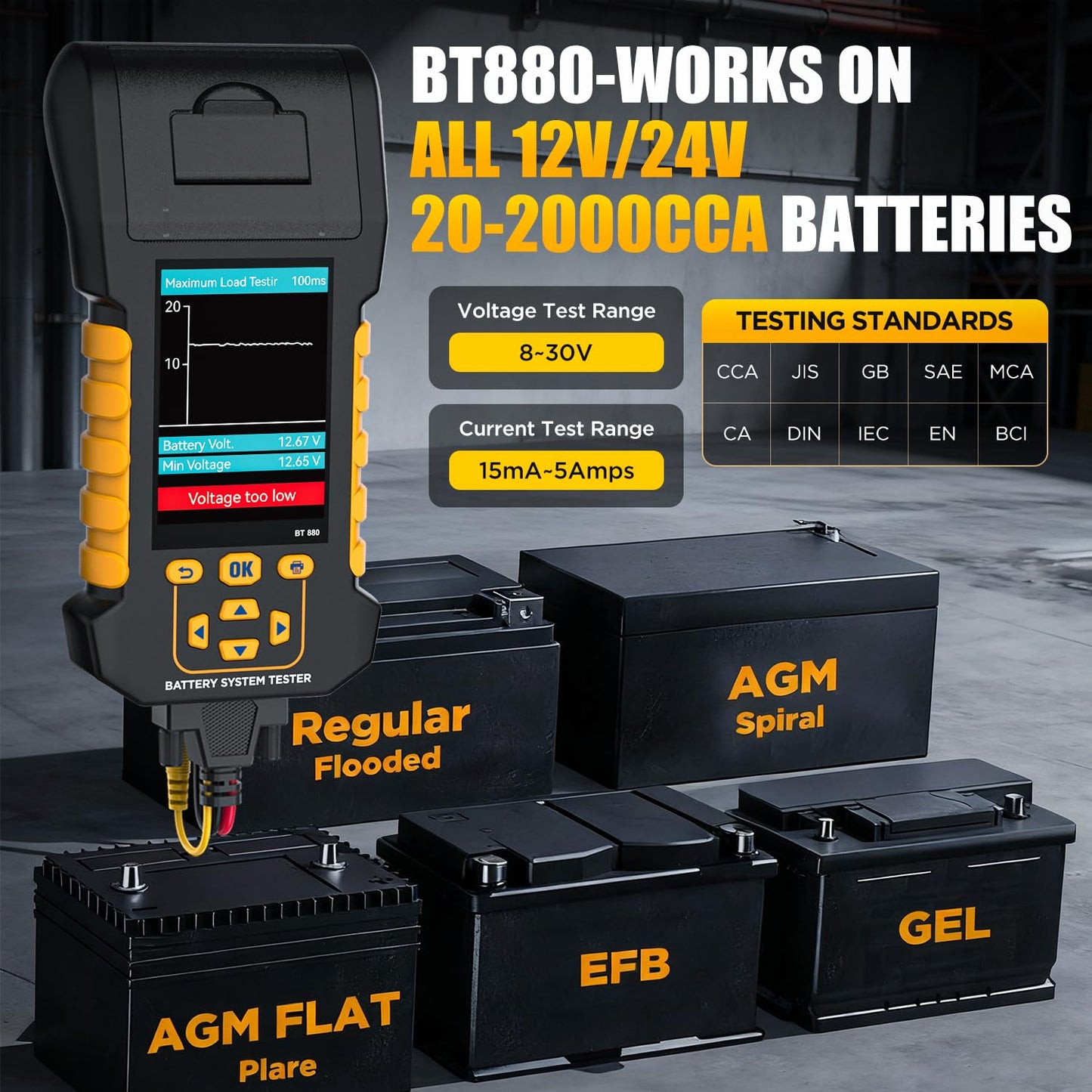 LINXINO BT880 Car Battery Tester,12V/24V Battery Load Tester with Built-in Thermal Printer, 20-2000 CCA Testing,Cranking/Charging Test,Voltage/Current Monitor,Data Logging & Safety Protections