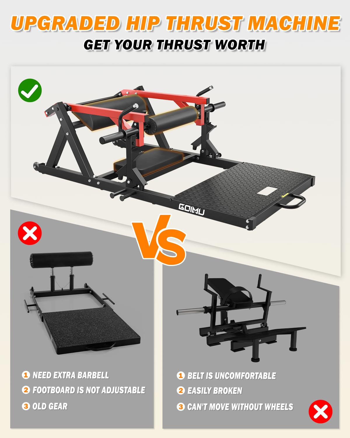 Goimu HT01 Hip Thrust Machine, 800LBS Plate-Loaded Glute Drive with Band Peg, Heavy Duty Glute Bridge Machine with Weight Holder, Butt Exercise Equipment for Glute Muscles Building (Red-HT01-1)