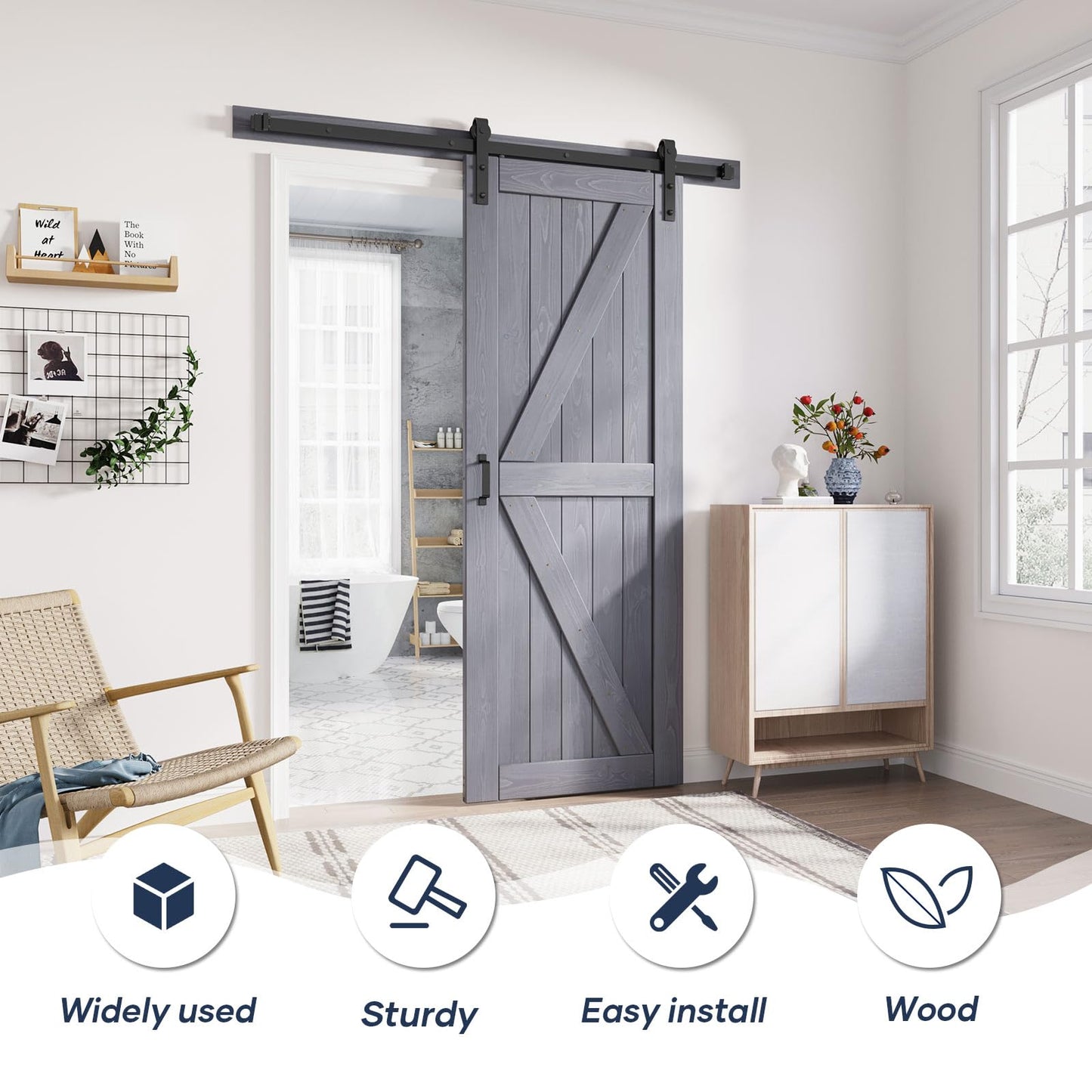 FREDBECK 30in x 84in Gray Wood Barn Door Slab with 5ft (60inch) Barn Door Hardware Track Kit Included, Double Surfaces,Simple Assembly is Required,K-Frame,Grey