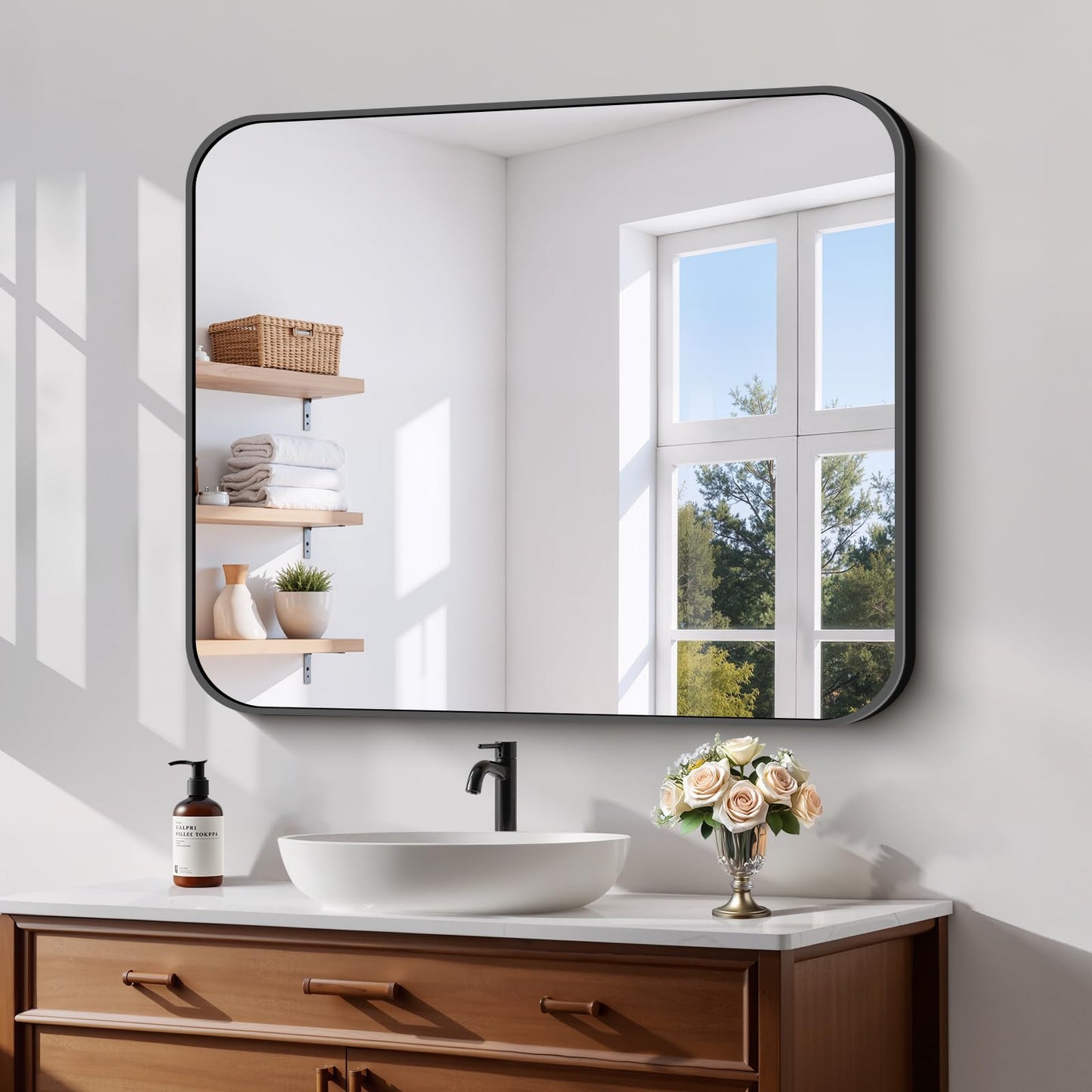 Koonmi Black Framed Bathroom Mirror - 30x36 Inch Shatterproof Tempered Glass Vanity Mirror for Bathroom Sink, Wall Mounted with Matte Aluminum Alloy Frame, No Distortion, Modern Decor
