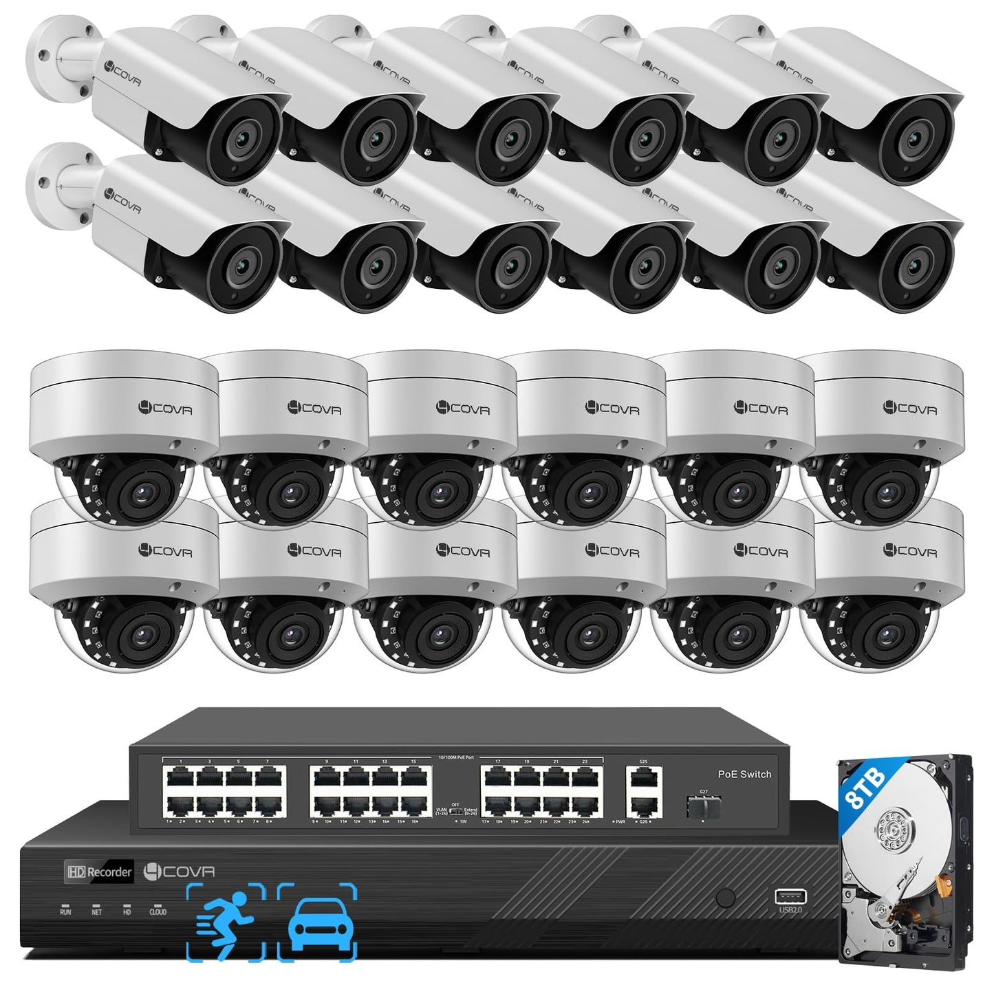 4COVR 4K PoE 32 Channel Security Camera System, 12 Dome IK10 Vandal-Proof 12 Bullet 8MP Commercial IP Camera IP67 Night Vision, AI Human/Vehicle Detection, Business UHD NVR 8TB HDD, LYH54A8M3224