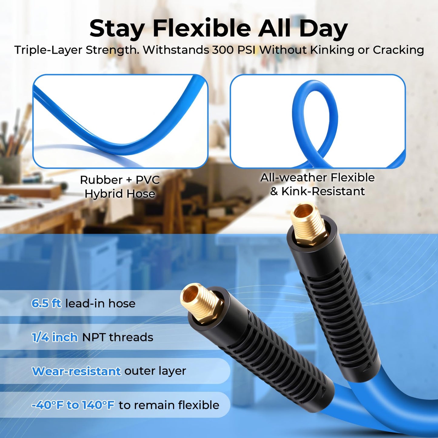 Retractable Air Hose Reel, 3/8" x 100 Ft Hybrid Hose Air Compressor Hose Reel with 6.5 Ft Lead-in Max 300 PSI, Air Hose with Any Length Lock, Automatic Rewind, 180° Swivel Bracket, Quick Coupler