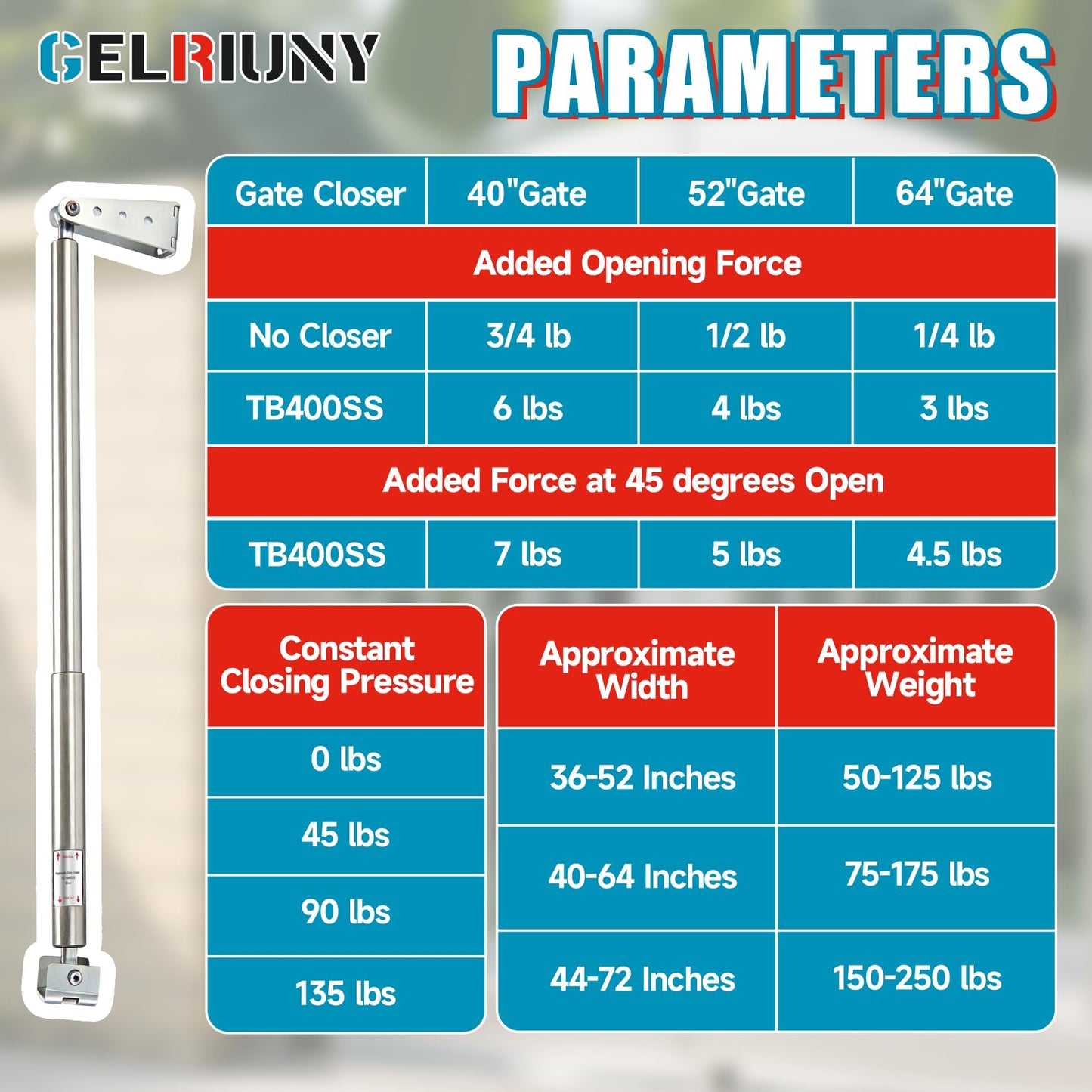 New TB400SS Hydraulic Outdoor Gate Closer for 75 to 175 lbs, Stainless Steel, Width 40 to 64 Inches, for Farms, Ranches, Gardens, Sports Complexes, Home Yards, Opening Pressure 6 to 12 Pounds