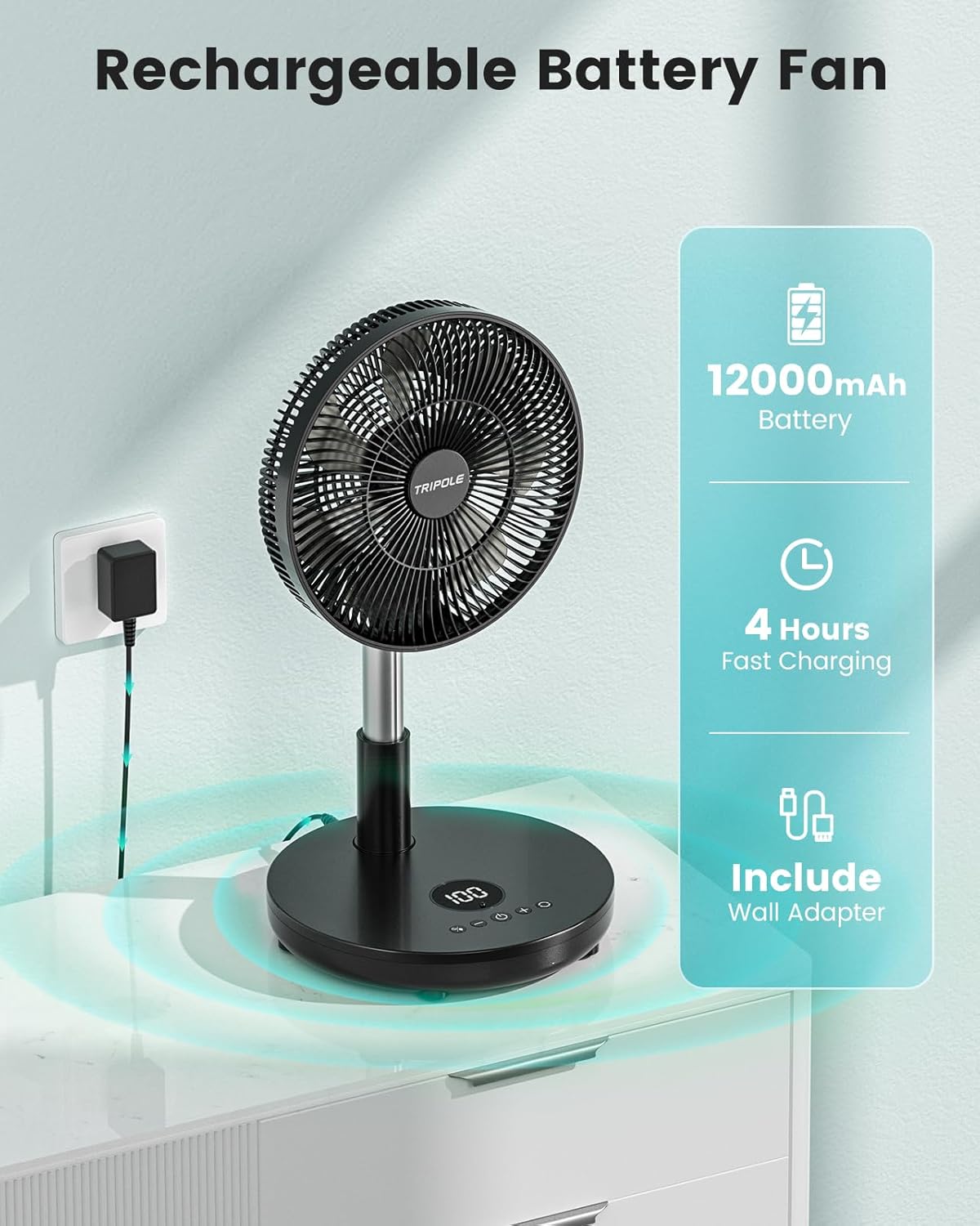 TriPole 12" Portable Rechargeable Standing Fan - Foldable Design, Remote Control, 6 Speeds, Adjustable Height, Black