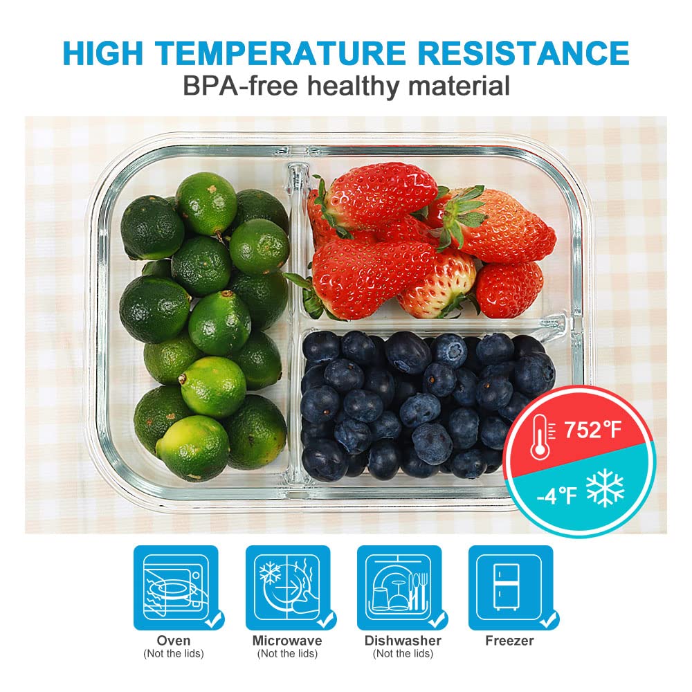 DAS TRUST 3 Pack Bento Box Glass Meal Prep Containers - 3 Compartment Glass Food Storage Containers with Lids - Lunch Box Meal Prep Bowls - Oven Safe