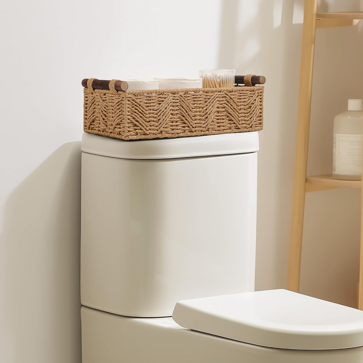 Skiennix Bathroom Baskets - Decorative Storage with Handle for Countertop & Toilet Paper | Cream Set