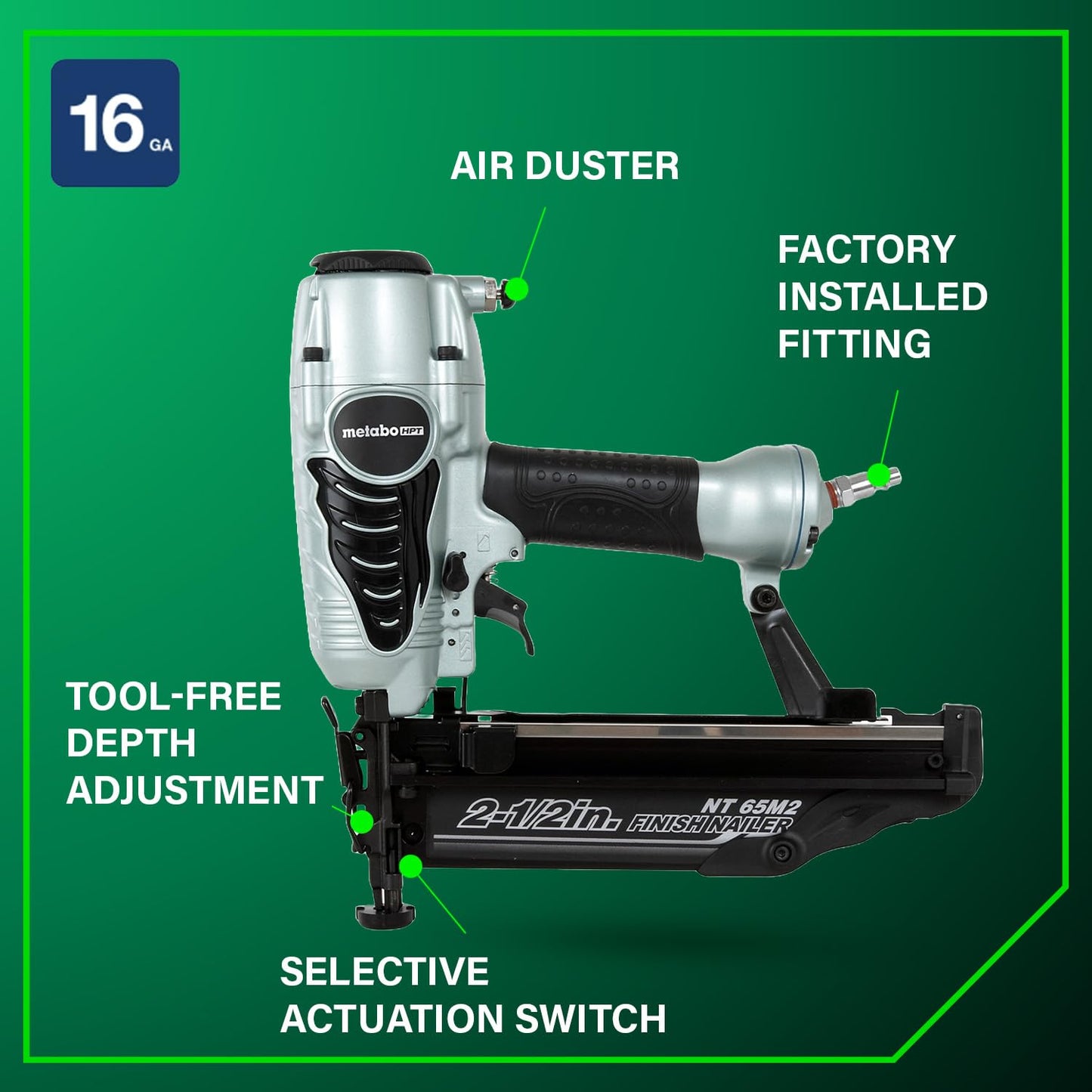 Metabo HPT Finish Nailer with Air Duster, Pro-Preferred Pneumatic Power Nailers, Ideal for Molding, Chair Rail, and Cabinetry, Lightweight 3.7 lbs, 16 Gauge, 1″ to 2-1/2″ Finish Nails, NT65M2S