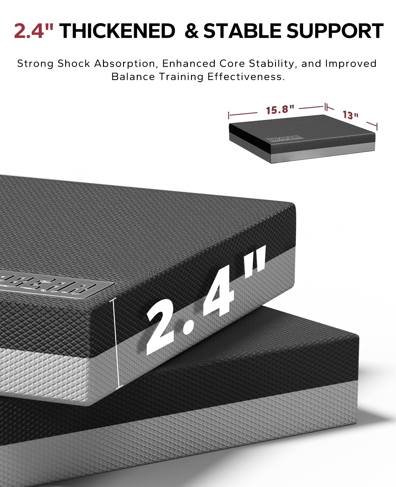 HAPBEAR Exercise Balance Pad 2-Pack - 15"x12" Non-Slip Stability Mats - 2.25" Thick Soft Foam for Adults, Physical Therapy & Core Fitness - Bonus Band Included - Black