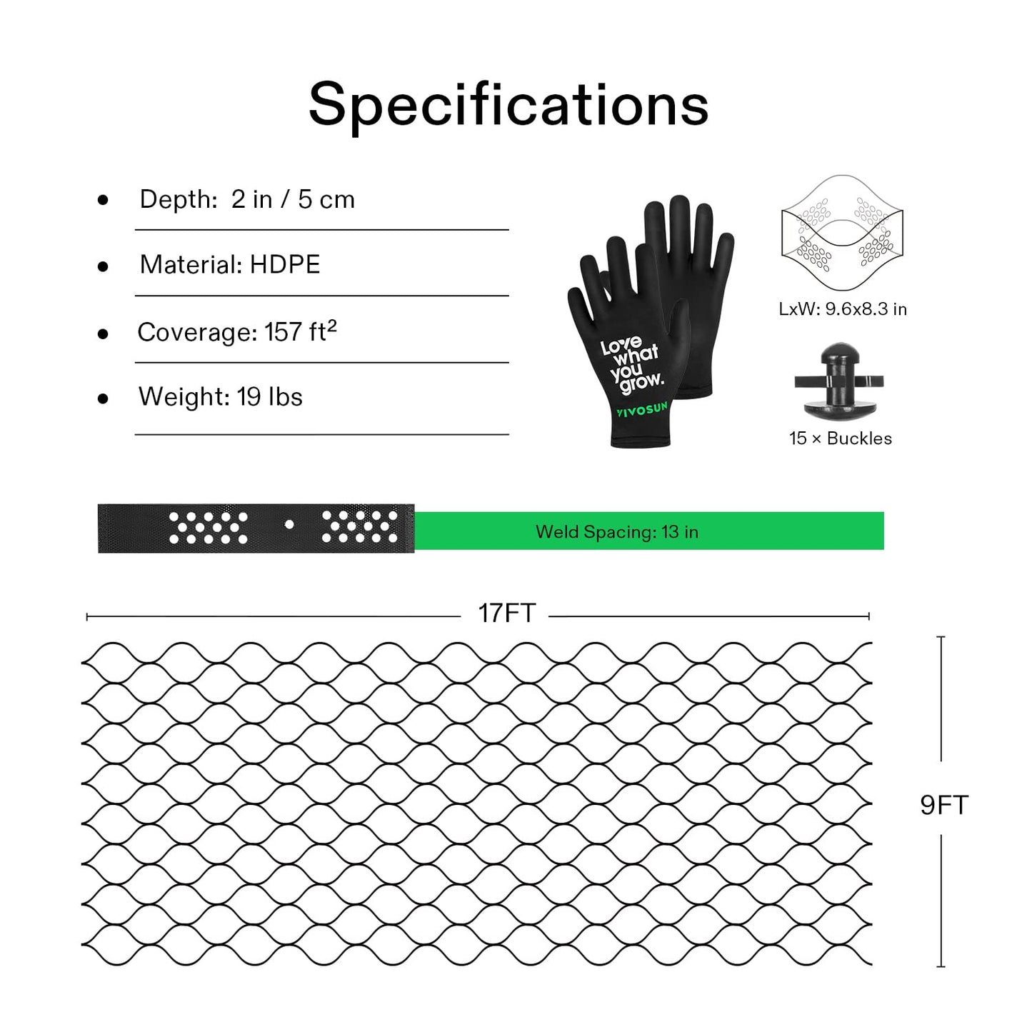 VIVOSUN 2’’ Depth Ground Grid, 9x17 ft, High-Density HDPE Geo Cell, 1885 lbs per sq ft Load, Foldable & Tensile, Easy Installation with Gloves, Perfect for Gardens, Driveways, Pathways