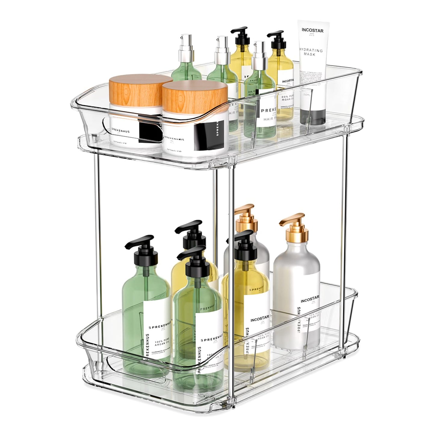 incostar 2 Tier Pull-Out Organizer for Bathroom Kitchen, Under Sink Storage with Dividers, Ideal for Cabinet, Cupboard Organization, Slide-Out Clear Storage, 1 Pack