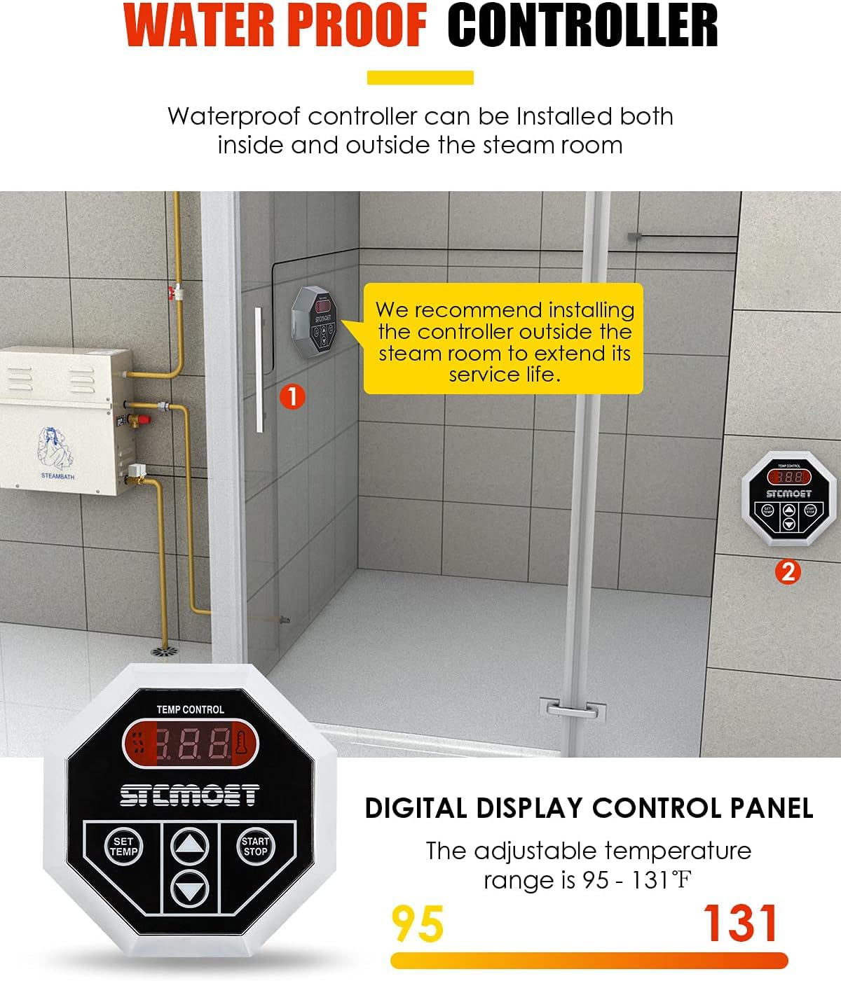 CGOLDENWALL 6KW Luxury Self-draining Steam Generator Shower Sauna Bath Home Steam Bath Spa Generator with waterproof Control and Auto Drain 95-131℉ For Max space heating 6 m³ (212 ft3)