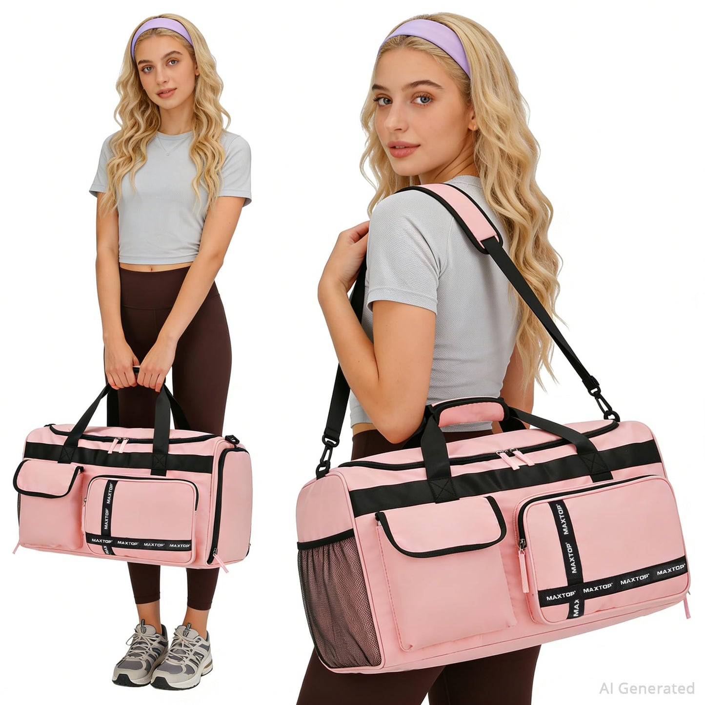 MAXTOP Gym Bag for Women Travel Duffle Carry On Tote Weekender Bag Large Capacity Pink Overnight Bag With Shoe Compartment Gym Tote Bag with Dry and Wet Separation