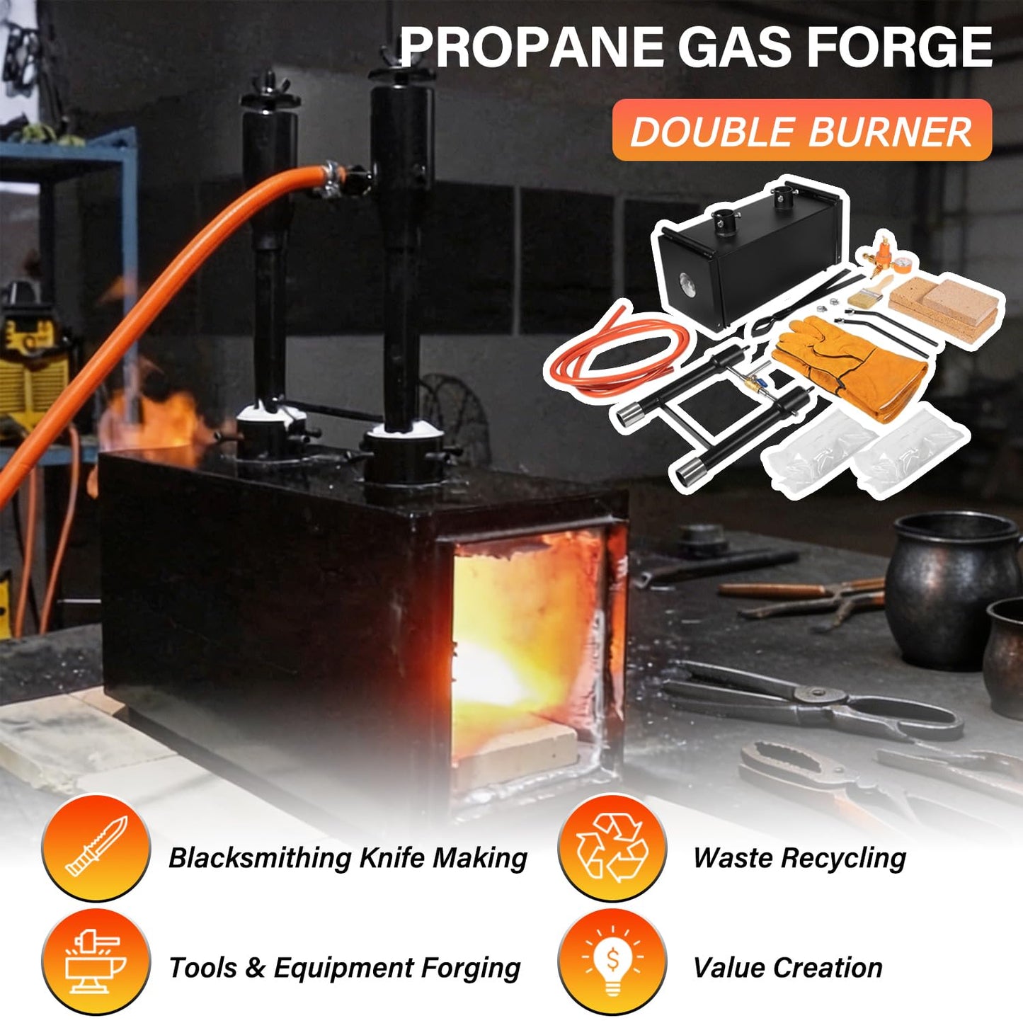 Bonbo Propane Gas Forge Double Burner 2700°F/1482°C, Portable 2-Door Square Forging Furnace for Blacksmithing, Knife Making, Tools & Equipment Forging, Large Capacity Deluxe Kit with Tong & Gloves