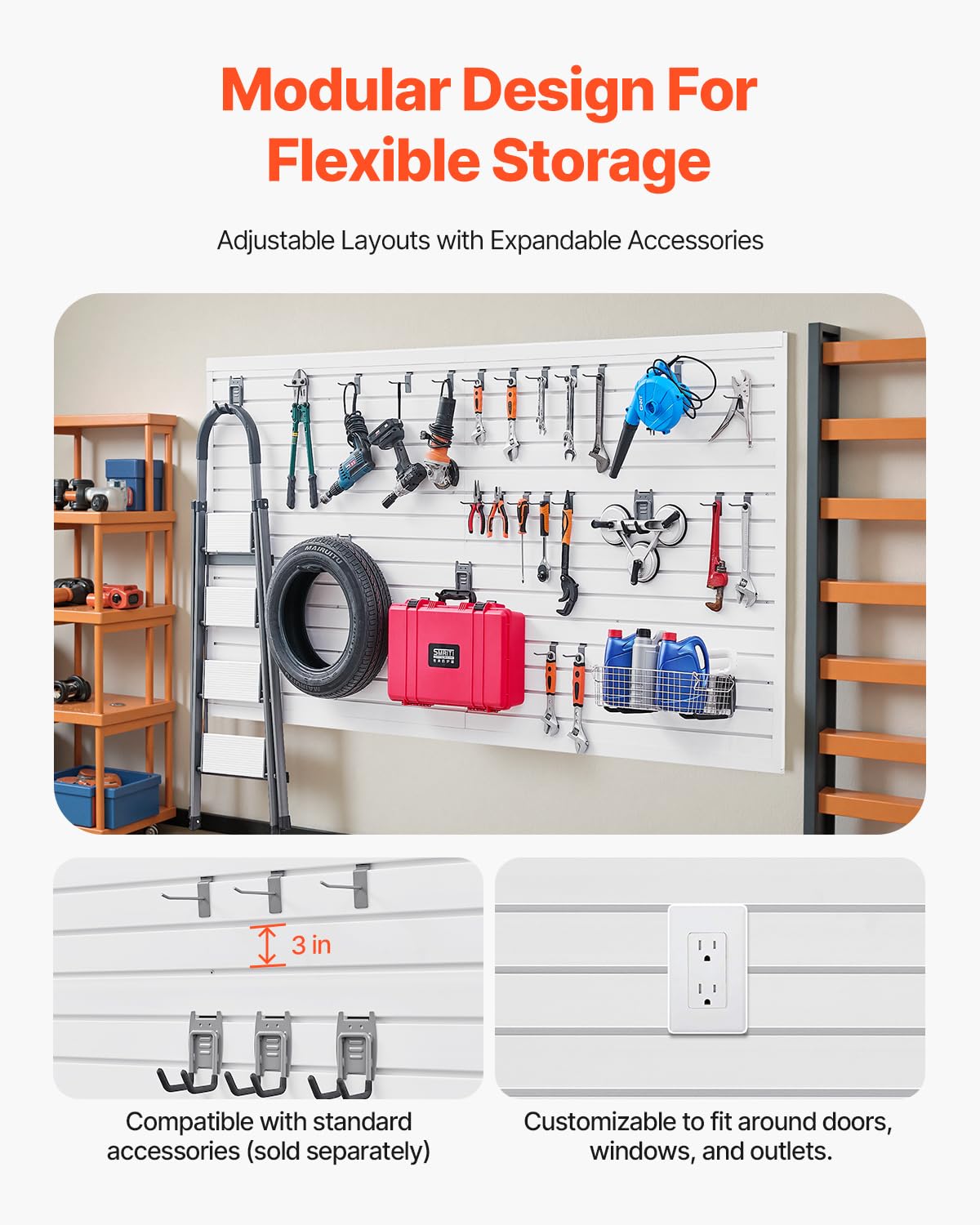 VEVOR Slat Wall Paneling, 8 x 4 ft, PVC Garage Slatwall with Accessories, White Slat Wall Easy-to-Install Adjustable Slatwall Panel with Coupling Structure & DIY Cutting, Fits for Storage & Display