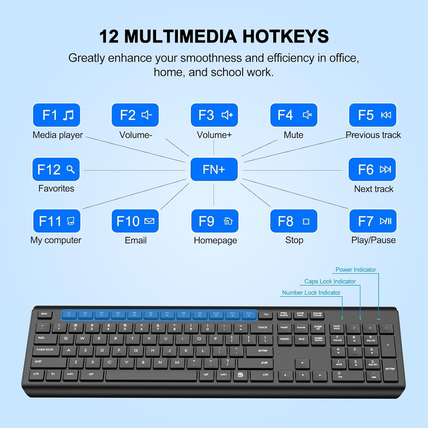 QUASIO 2.4GHz Wireless Keyboard and Mouse Combo, Full-Size Silent Ergonomic Keyboard and Optical Mouse, Long Battery
