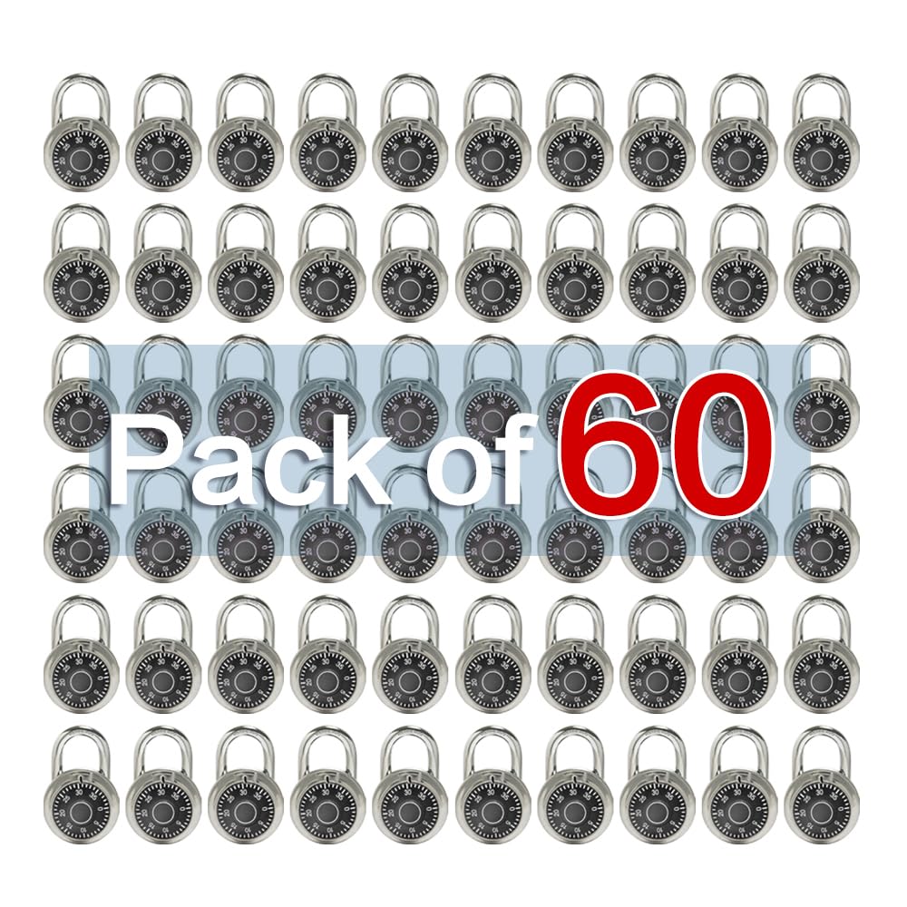 LanuBe Lock Standard Dial Combination Lock, 2 inch. Wide, with Different Combinations, Black Turnplate, Pack of 60; Lock for School, Employee, Gym Sports Locker, Case, Toolbox, and so on