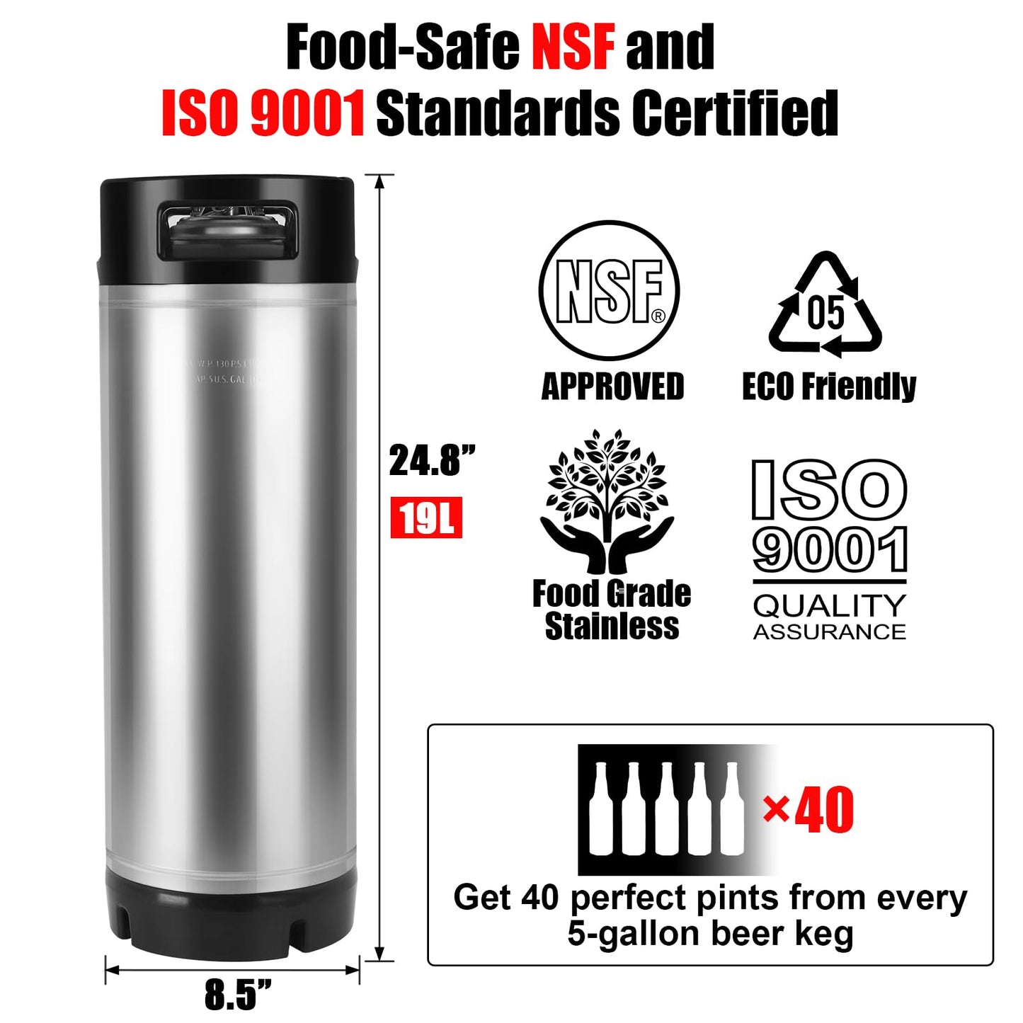 Ferroday Upgraded 5 Gallon Ball Lock Keg, Stainless Steel Corny Keg with Ball Lock Post, Portable Cornelius Beer Keg with Dual Rubber Handle, Gasket Set for Commercial Home Brewing