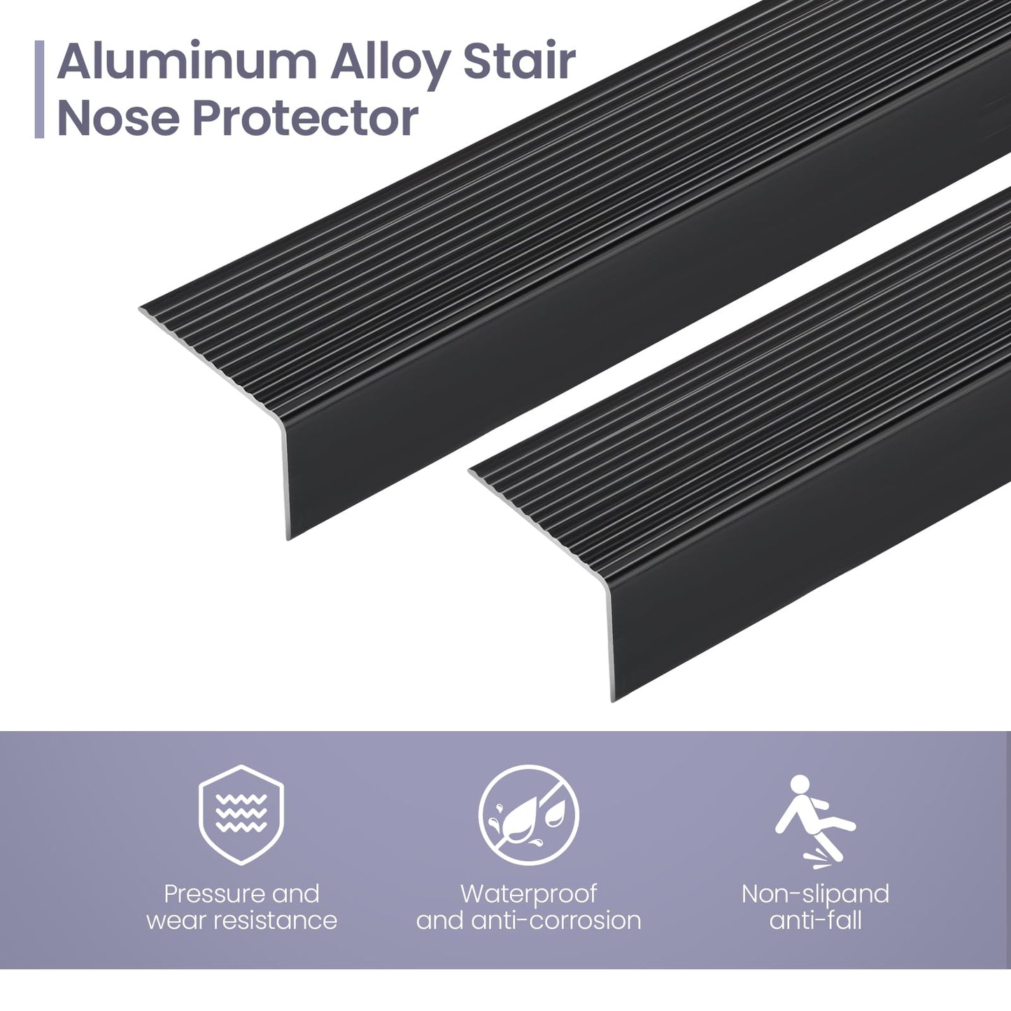Orechic Black 48" Metal Stair Nosing, Heavy-Duty Aluminum Self-Adhesive Stair Edge Protector for Indoor/Outdoor Stairs, Non-Slip Tread Cover, L- Molding(48 x 1.2 x 2 in, 2Pcs)