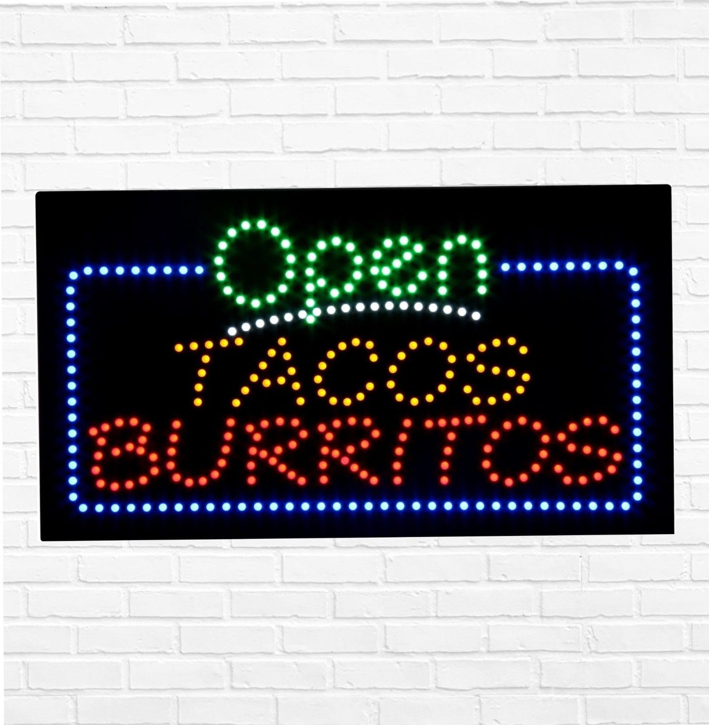 LED Open Tacos Burritos Sign for Retail Business Displays |Advertising Electronic Light Up Sign for Windows Walls |12"h x 24"w x 2"d