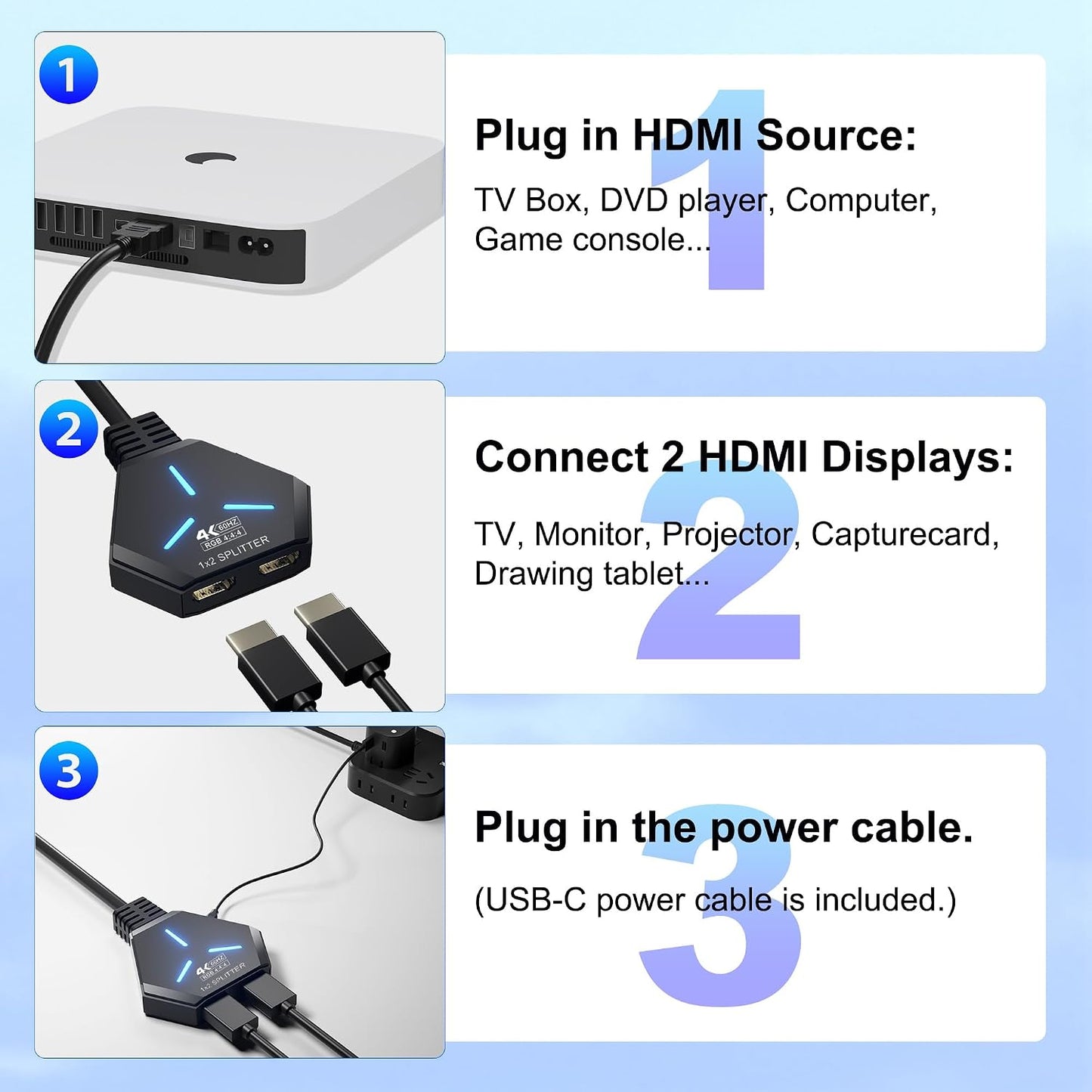 AUKOKIOULA 1 2 4K@60hz 1080P, 3D, PS4, PS5, HDMI Splitter in Out Duplicate/Mirror (Not Extend), HDMI Splitter for Dual