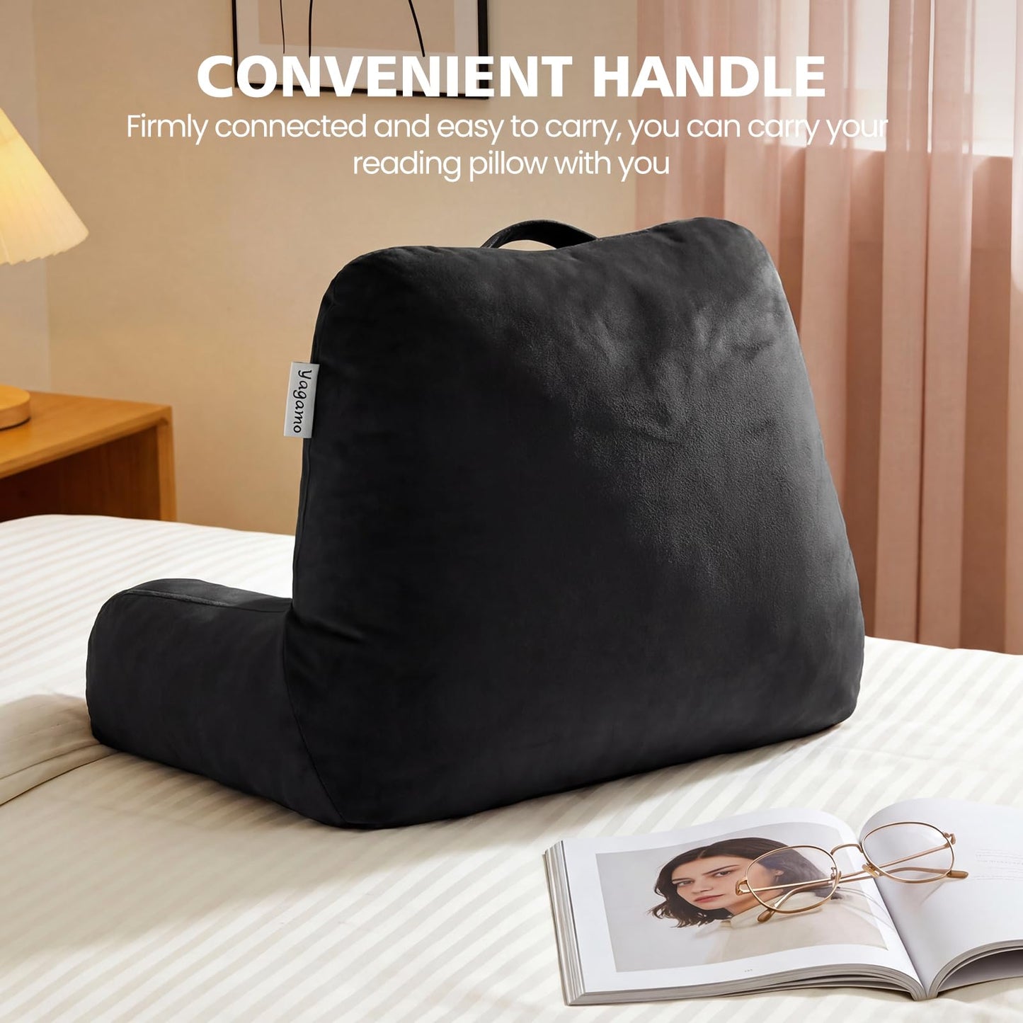Yagamo Reading Pillow with Adjustable Memory Foam,Adult Backrest with Arms, Back Pillow for Sitting in Bed with Washable Cover- Large, Black