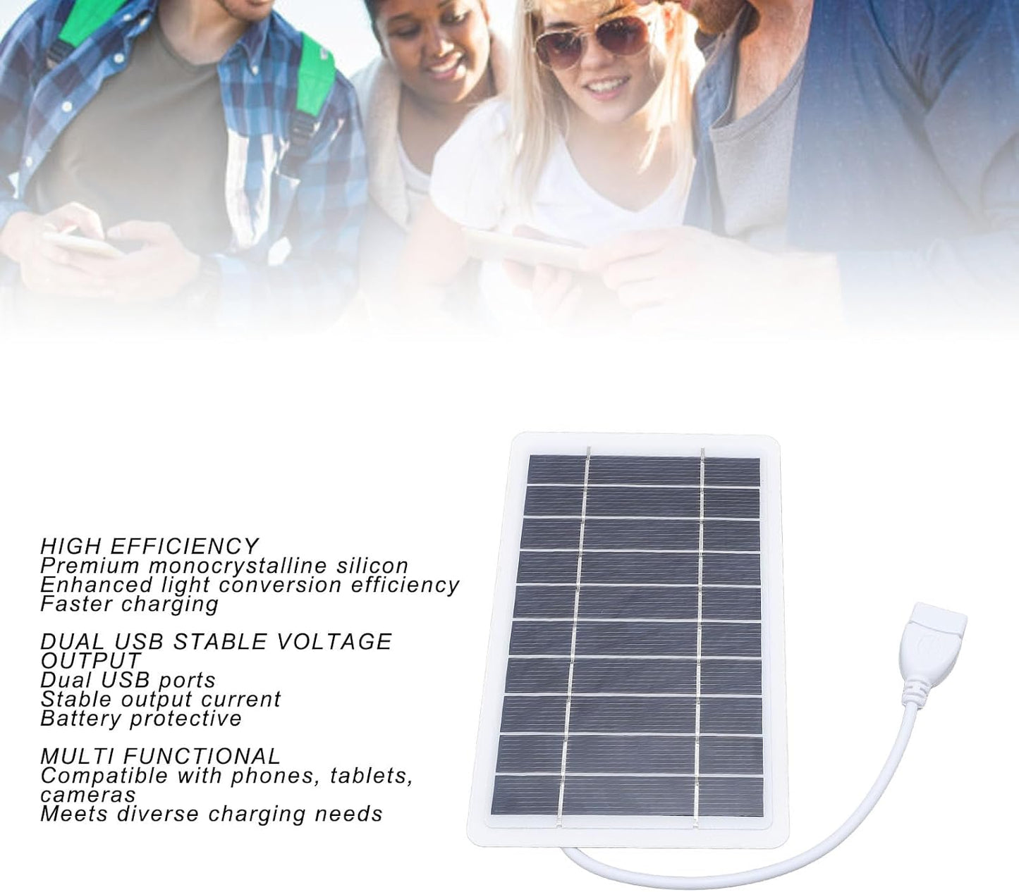 2 Solar Panel Power Bank, Monocrystalline Silicon USB Outputs High Efficiency Portable Phone Charger, with Compact Size