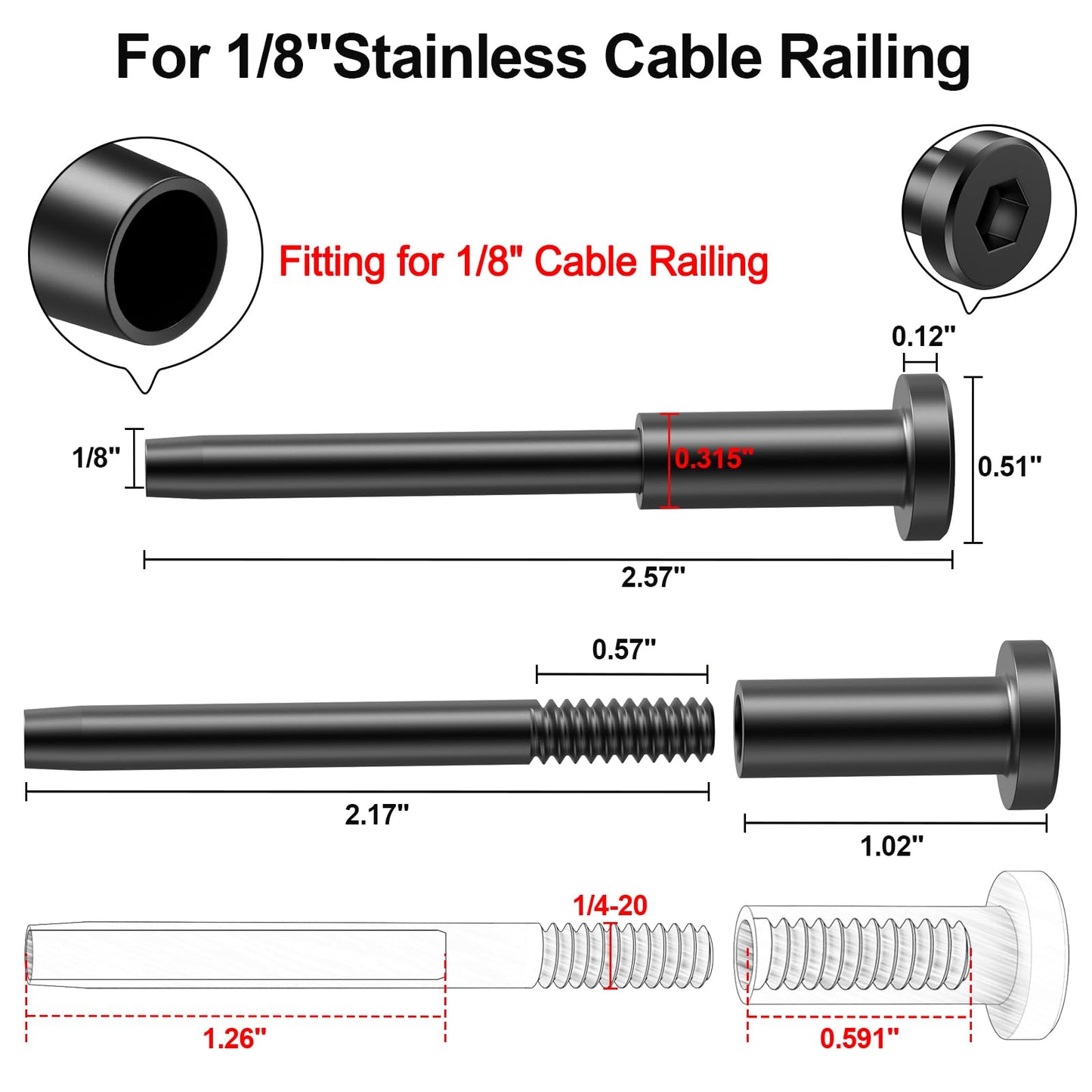 BLIKA 100 Pack 1/8" Black Stainless Steel Invisible Receiver and Swage Stud End for Cable Railing, Deck Stair Threaded End Fitting for Wood & Metal Post, Black Cable Railing Hardware