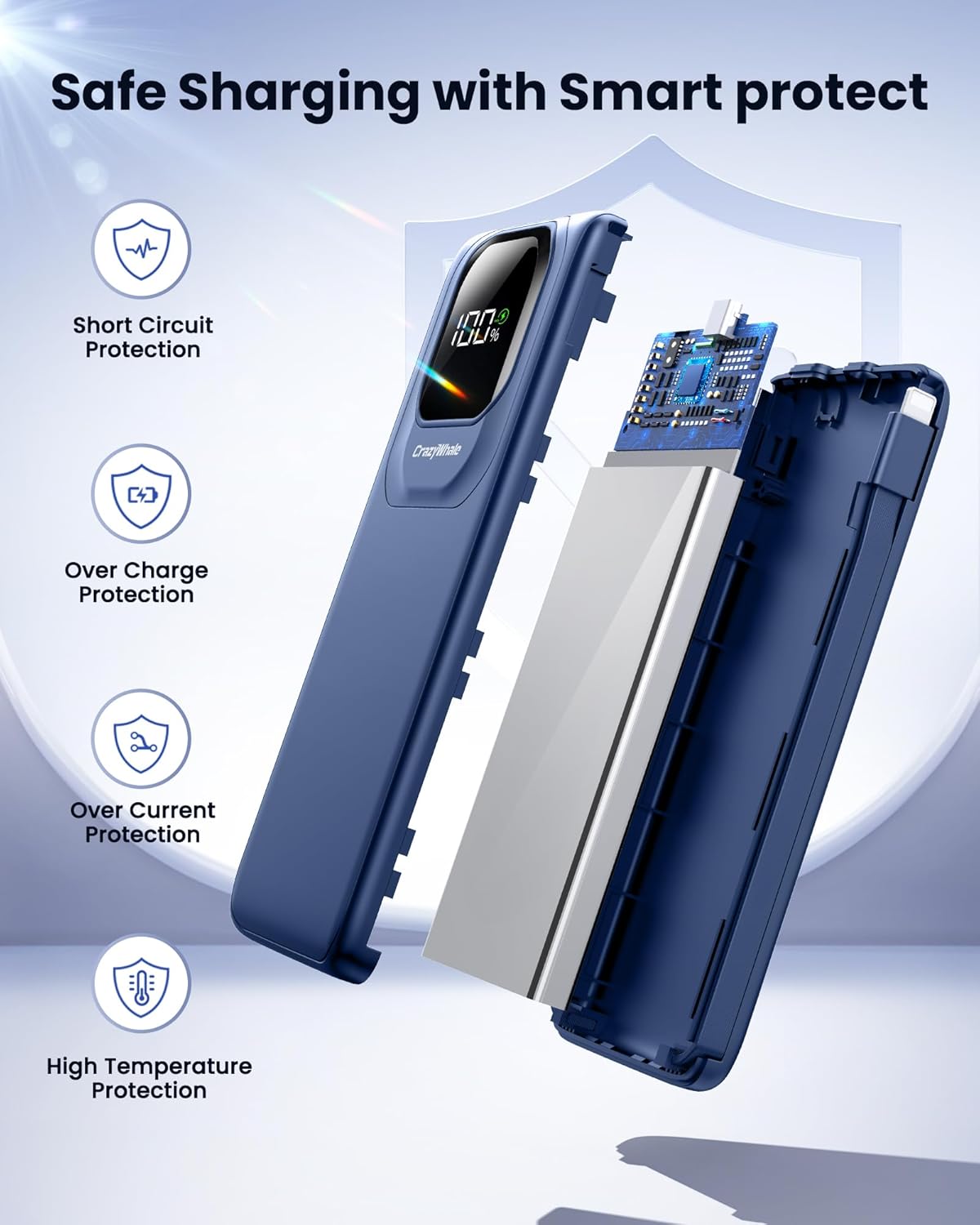 Crazywhale 22.5W 10000mAh Pack Portable Charger Power Bank with Built-in Type C Cables, Fast Charging Phone Charger