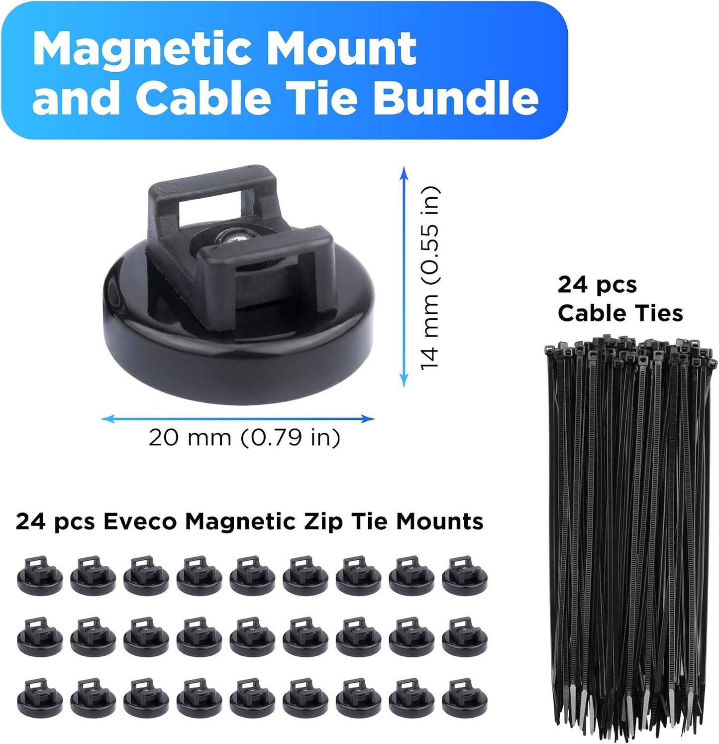 Eveco 24 24 Magnetic Zip Tie Mount Wire Holder - Magnetic Holders with Cable Ties Magnet Clips for Multipurpose Cable